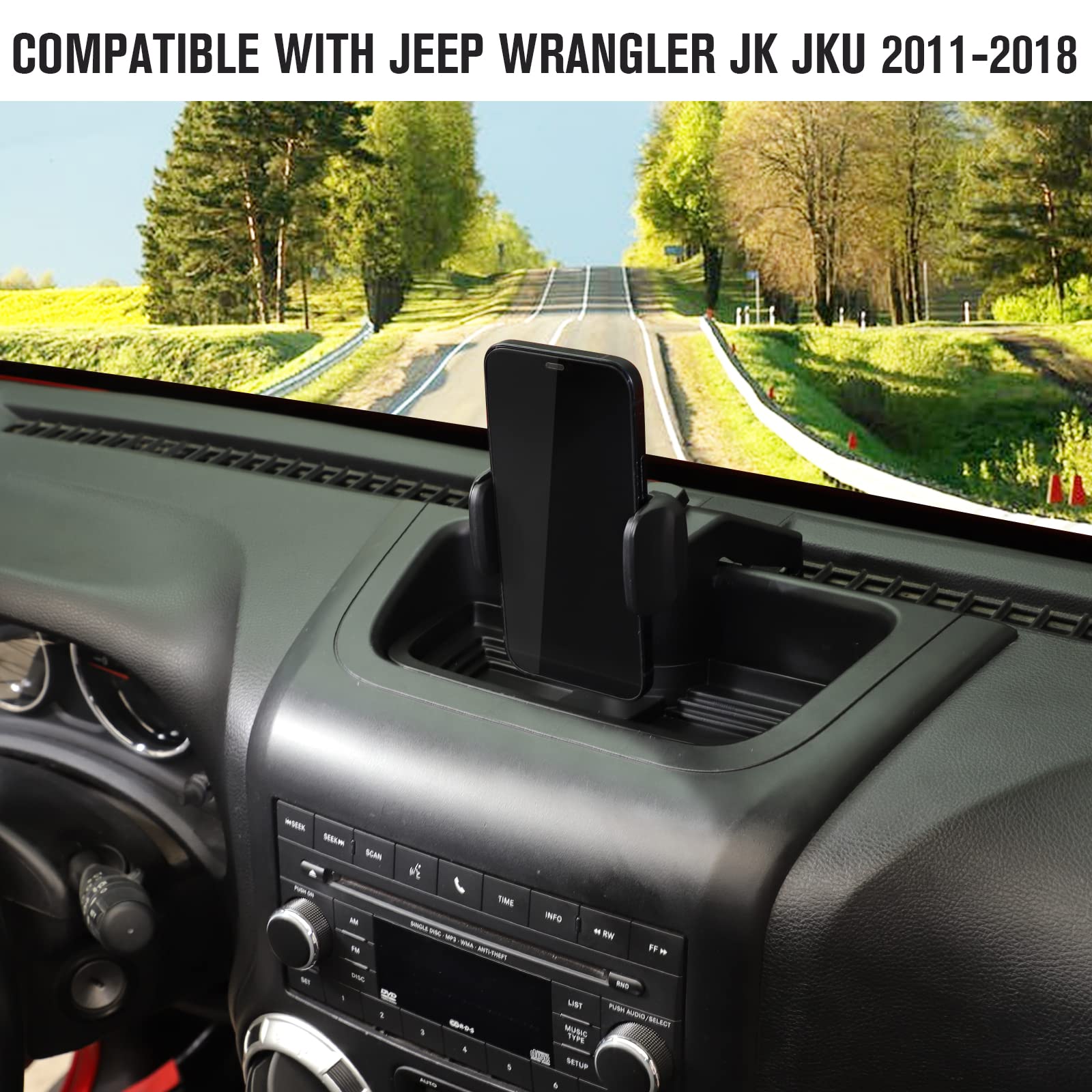 Jeep Wrangler JK JKU (2011-2018) Phone Holder with Storage Tray - Car Dashboard Cell Phone Mount Organizer for iPhone & Android - Perfect for Off-Road Adventures & Daily Commutes