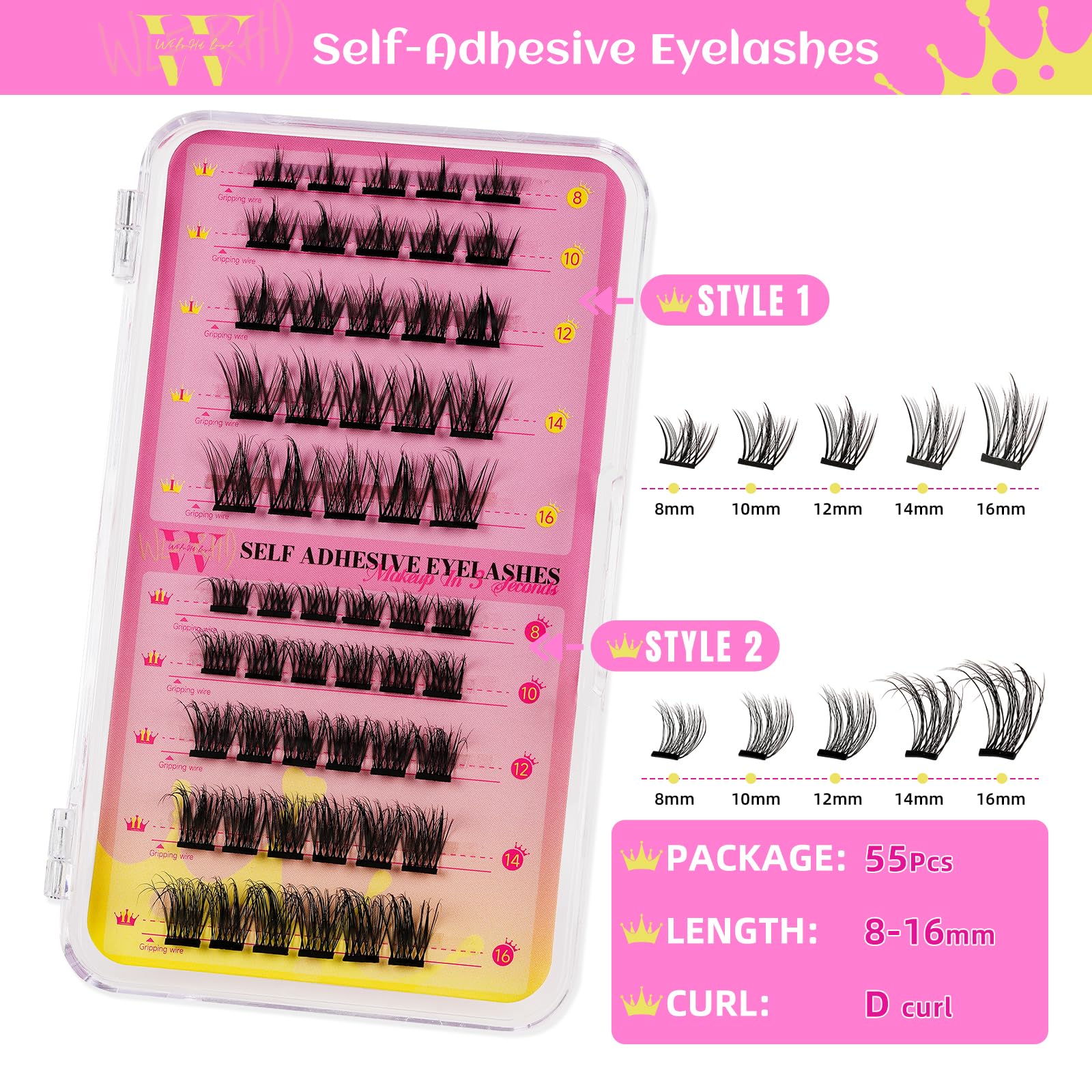 55Pcs Self Adhesive Eyelash Clusters - Wispy Mix 8-16mm, No Glue Needed, Reusable False Eyelashes with Thin Band for Natural Look | Perfect for DIY Eyelash Extensions at Home, Parties, Weddings and Special Occasions