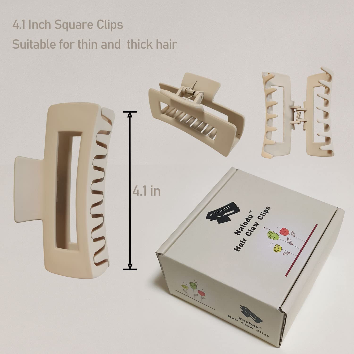 Large Square Hair Claw Clips 4 Inch - Matte Non-Slip Rectangle Jaw Clamps for Thick Hair - Women's Hair Accessories (3 Pack) - Perfect for Updos, Ponytails & Everyday Hairstyles