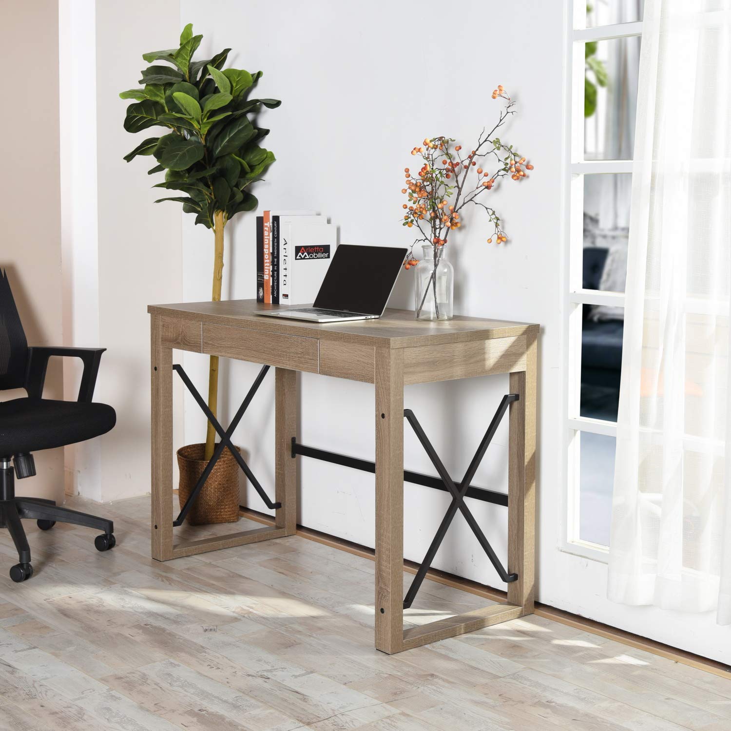 Ergonomic Home Office Desk with Chair Set - 2-Piece Thick Wooden Tabletop & Sturdy Metal X Frame, Includes Storage Drawer - Perfect for Workstation, Study, Bedroom & Living Room - Ideal for Remote Work, Online Classes & Small Space Solutions