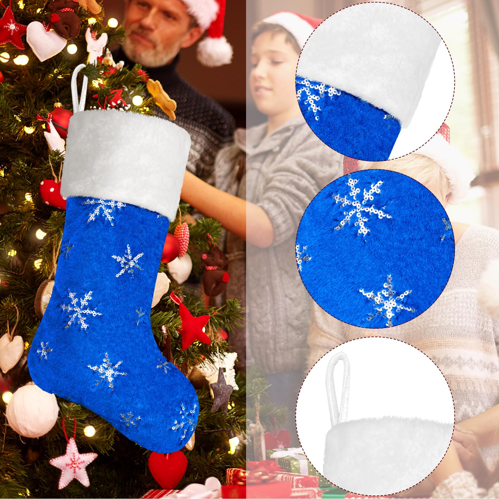 5 Pack Personalized Christmas Stockings with Names - 22 Inch Custom Embroidered Faux Fur Holiday Stockings in Black & Blue with Gold/Silver Snowflake Ornaments - Perfect for Xmas Tree Decor, Fireplace Mantel & Holiday Party Decorations