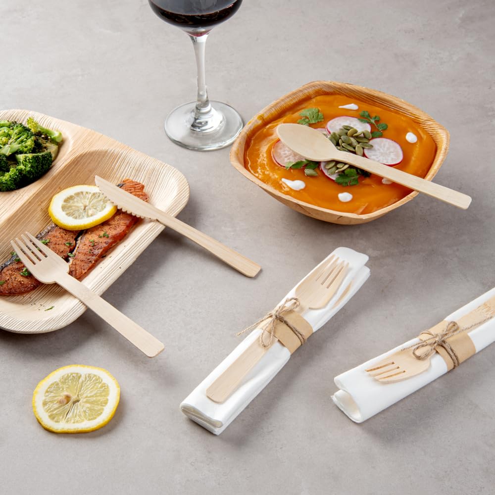 Eco-Friendly 6.75 Inch Disposable Bamboo Cutlery Set - 100 Pieces Wooden Forks, Spoons, Knives & Napkins for Parties, Weddings, Picnics & Catering Events | Sustainable Biodegradable Flatware for Restaurants & Takeout