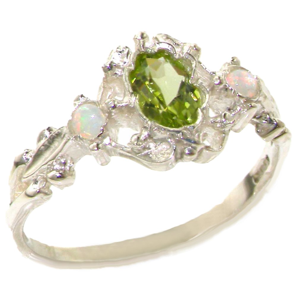 10K White Gold Genuine Peridot & Opal Women's Wedding Band Ring - Elegant Stackable Jewelry for Bridal, Anniversary & Everyday Wear