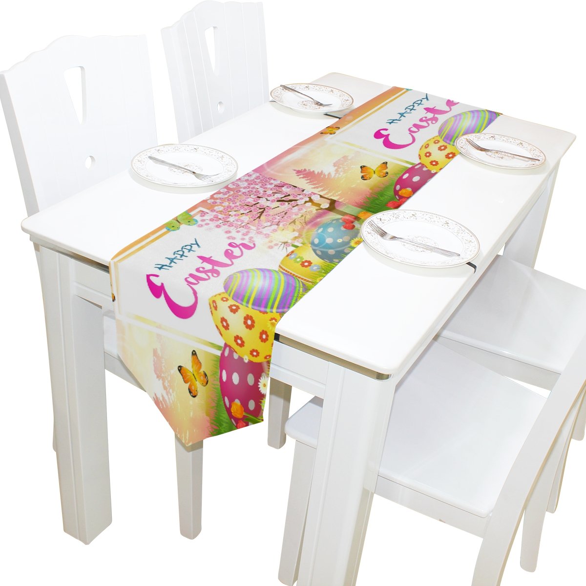 WOZO 13x70 Inches Spring Cherry Blossom Butterfly Easter Table Runner - Floral Rectangular Placemat for Kitchen, Dining & Coffee Tables - Perfect for Easter Decor, Spring Parties & Home Dining Decorations