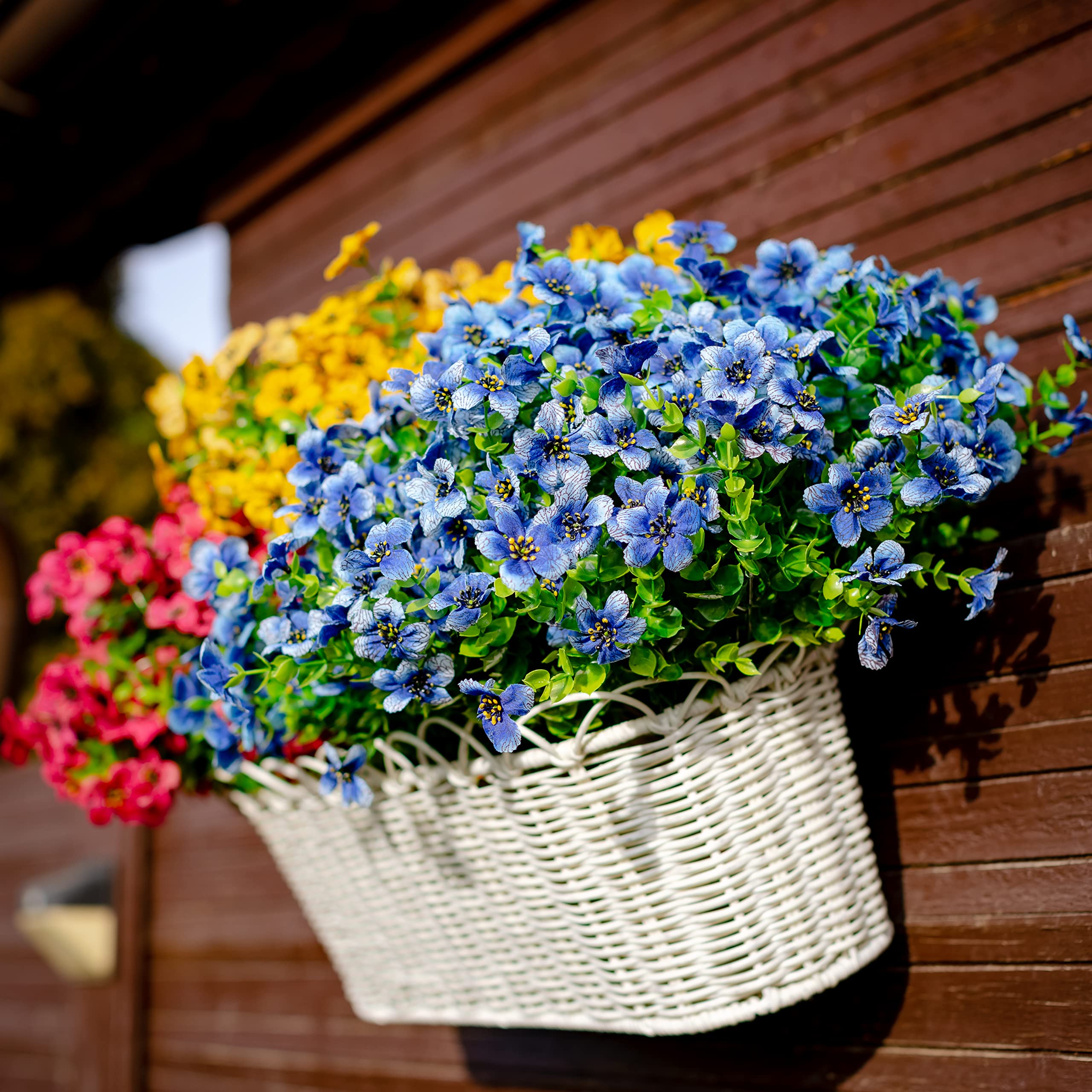 16 Bundles Artificial Outdoor Flowers - Faux Boxwood Greenery Shrubs, No Fade Plastic Plants for Fall Farmhouse Decor, Garden & Patio Landscaping (Blue) | Perfect for Porch, Wedding, and Home Decoration