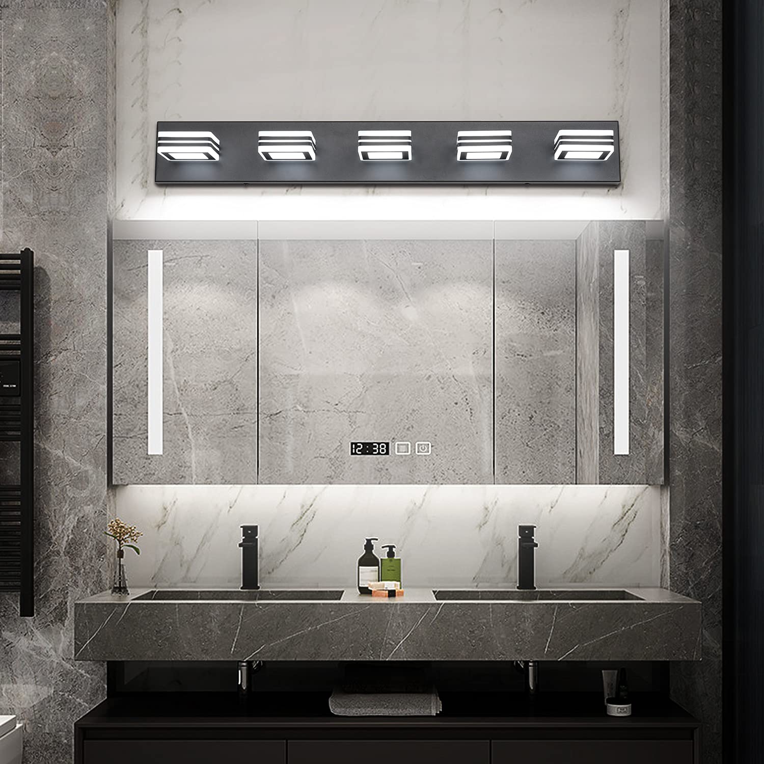 SOLFART Black LED Bathroom Vanity Light Fixtures - 5-Light Modern Mirror Lighting for Bathroom, Dressing Room & Makeup Area - Energy Efficient Waterproof Vanity Lights for Home Decor