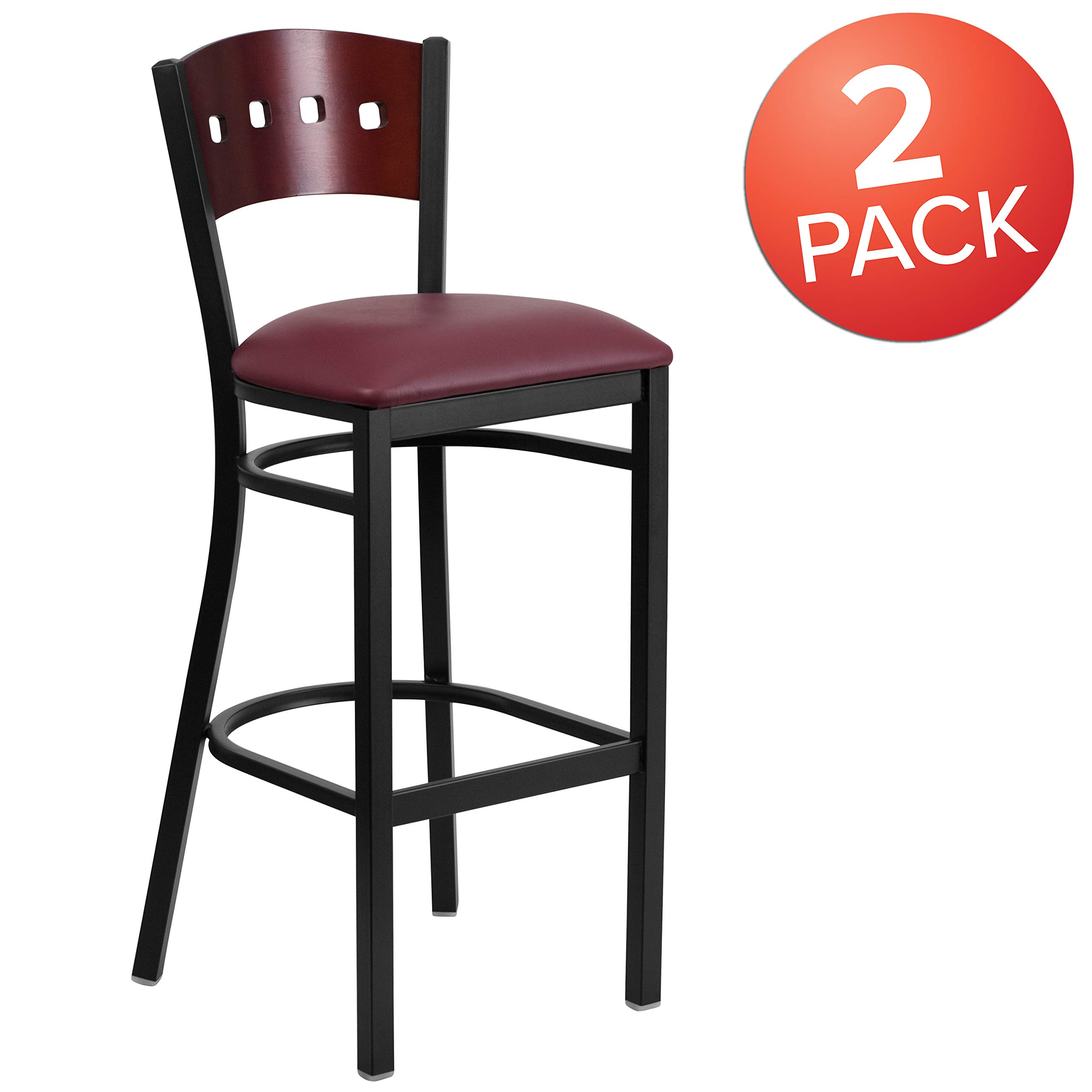 2 Pack Black 4 Square Back Metal Barstools - Mahogany Wood Back, Burgundy Vinyl Seat - Perfect for Kitchen Islands, Breakfast Bars & Home Decor