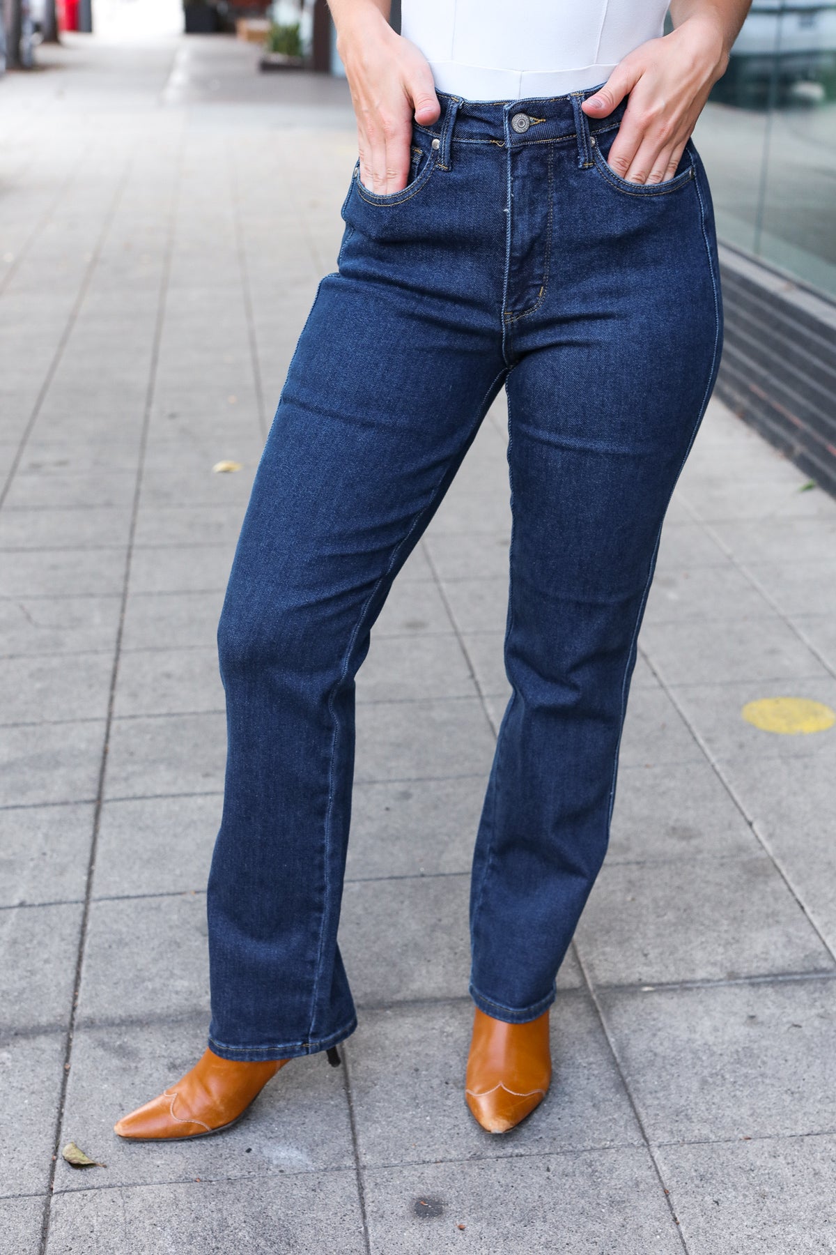 Judy Blue Dark Wash High Waisted Straight Fit Jeans for Women - Comfortable Stretch Denim Pants for Casual Wear & Everyday Outfits