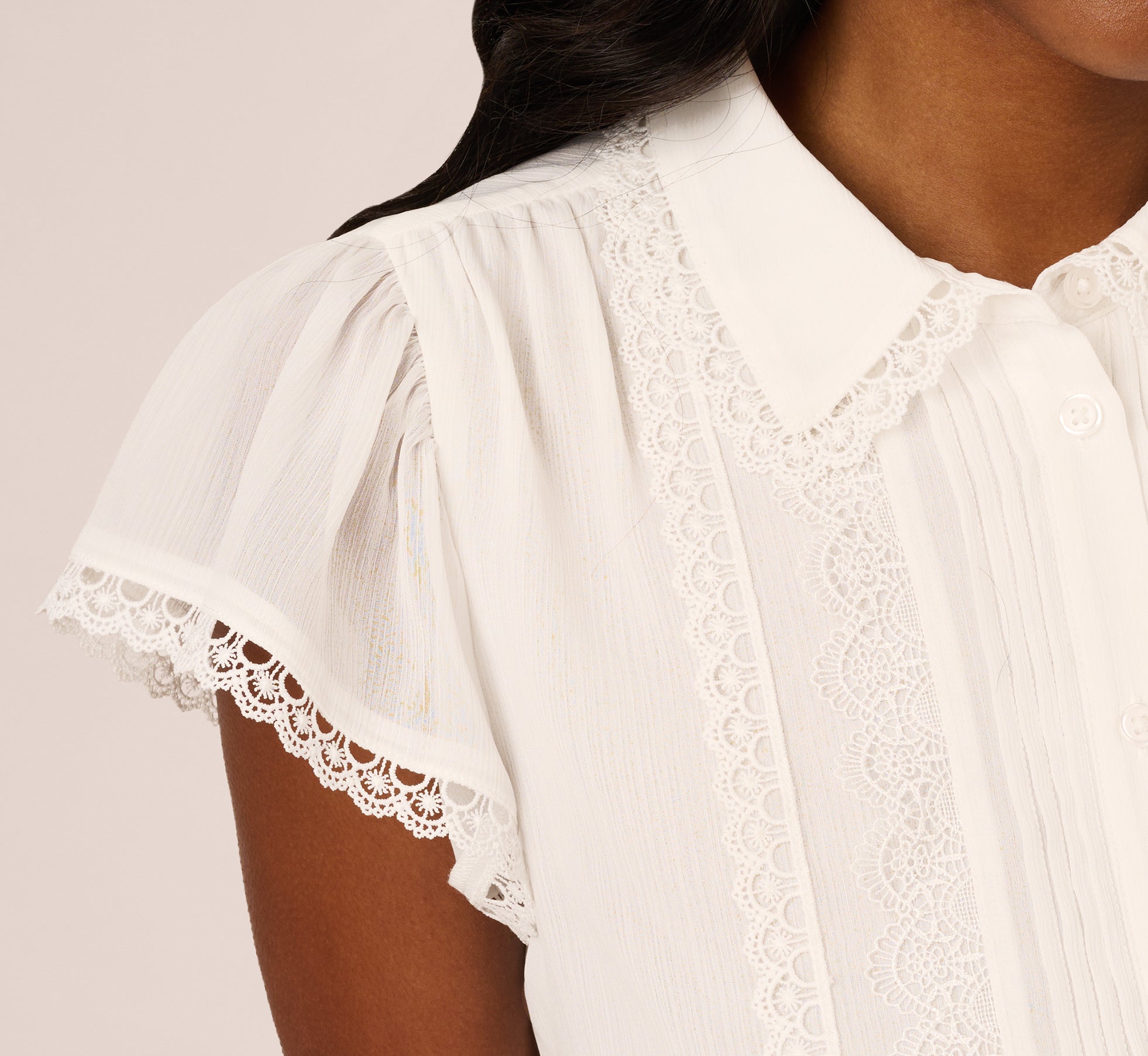 Ivory Cap Sleeve Lace Collared Blouse - Elegant Women's Top for Office, Party & Special Occasions