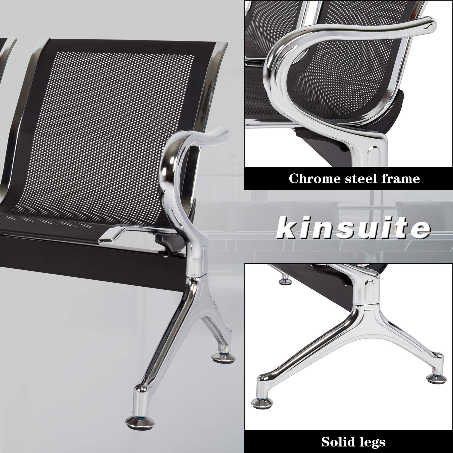 Kinsuite 2-Seat Airport Reception Bench with Arms - Modern Waiting Room Chairs for Office, Bank, Hospital - Durable Guest Chairs for Reception Areas & Lobbies (Black) - Perfect for High-Traffic Commercial Spaces
