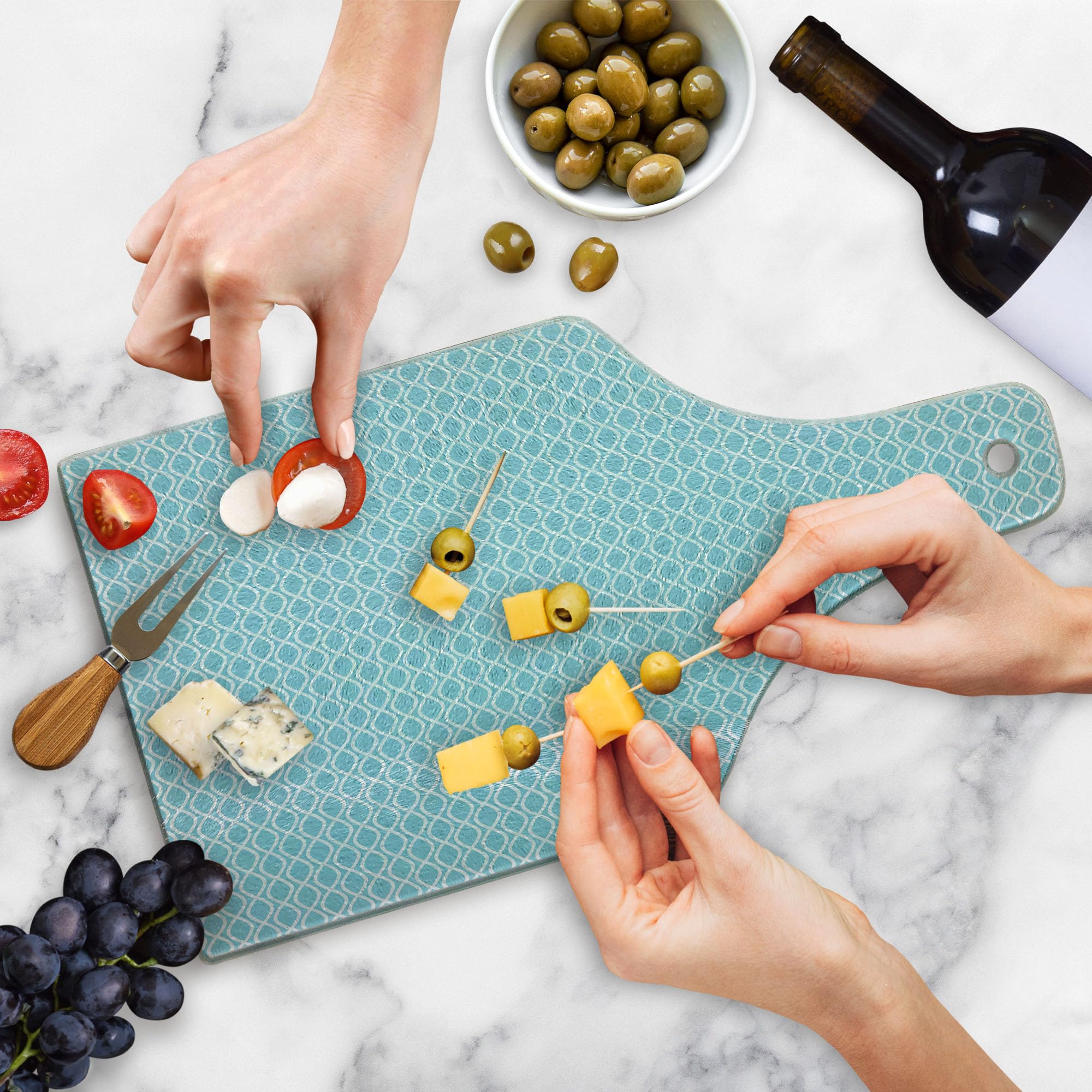 Ambesonne Modern Tempered Glass Cutting Board - Pool Water Wavy Lines Design, Decorative Serving Board with Wine Bottle Shape in Pale Blue & White - Perfect for Kitchen Prep, Charcuterie Display & Wine Pairing
