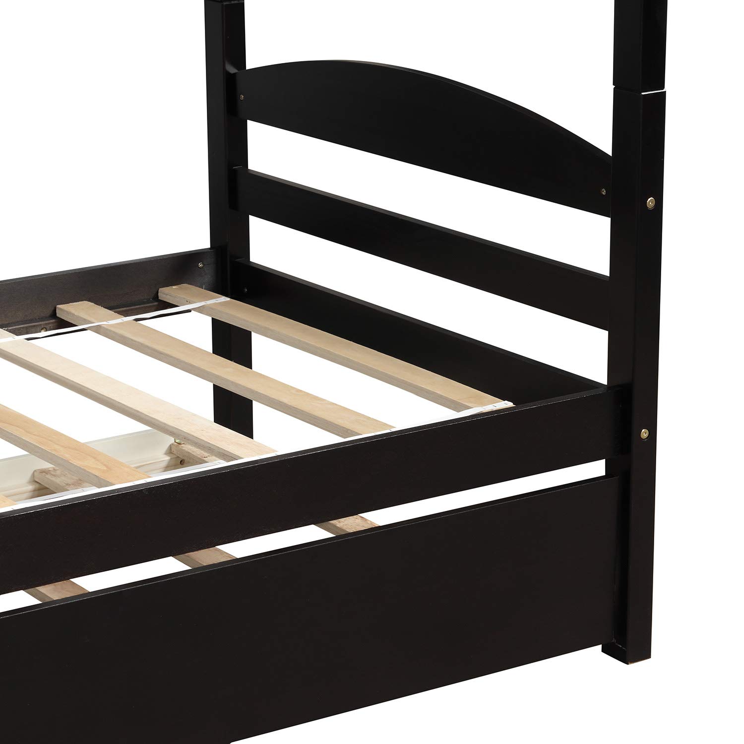 KLMM Solid Wood L-Shaped Bunk Bed with Trundle - Twin Size Bunk Bed Frame with Guardrail & Ladders for Kids & Adults (Espresso) - Space-Saving 5-Person Sleeper for Small Rooms, Guest Rooms & Vacation Homes