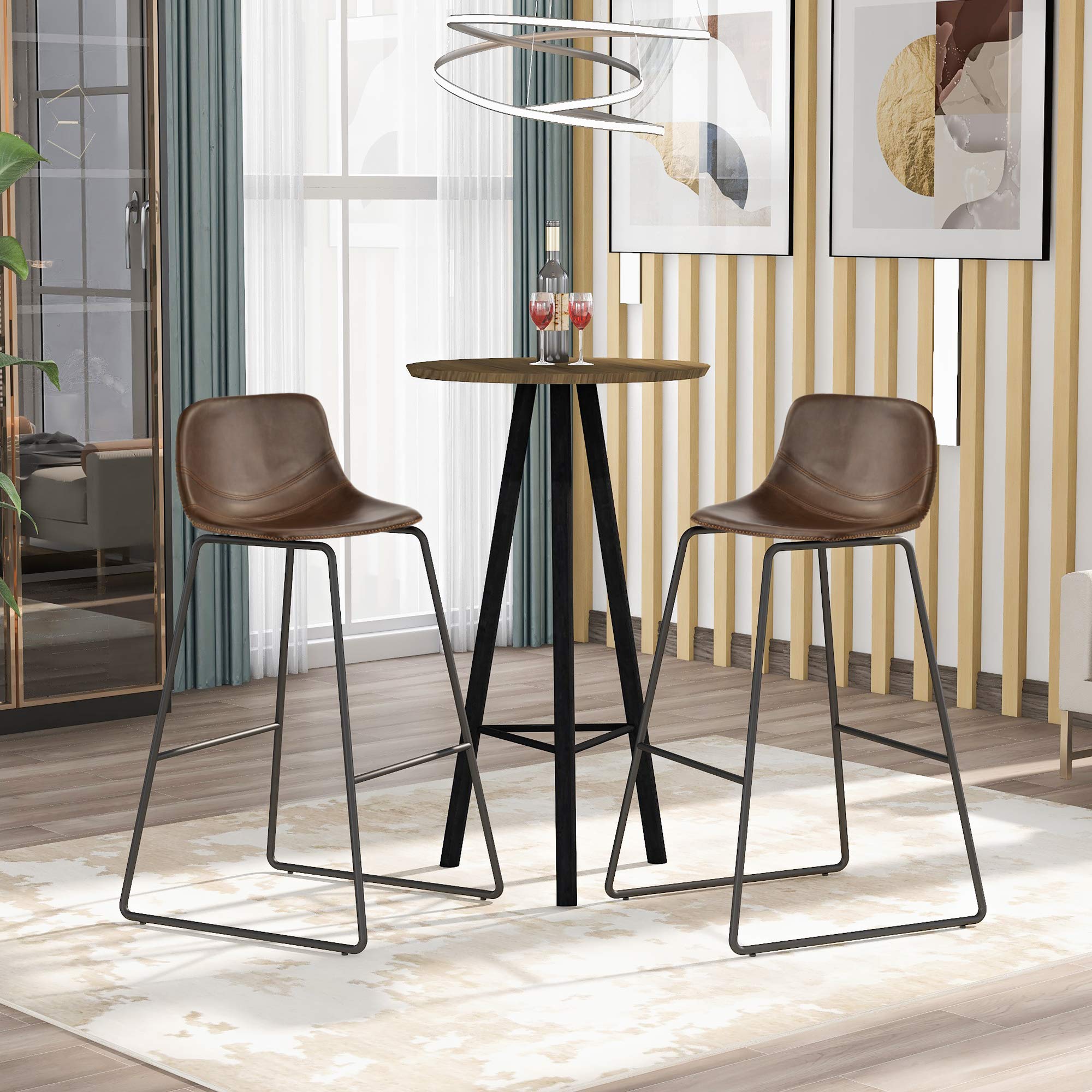 Vintage Leather Low Back Footrest Bar Stools Set of 2 - Height Adjustable Dining Chairs for Kitchen, Living Room & Bedroom - Light Brown | Perfect for Home Bars, Breakfast Nooks & Small Spaces
