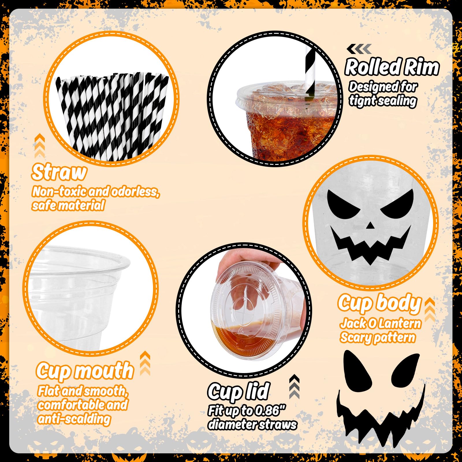 Whaline 60Pcs Halloween Disposable Plastic Cups with Lids and Straws - 12oz Jack-O-Lantern Pumpkin Design Cold Beverage Drinking Cups for Trick or Treat Party, Halloween Decorations, and Fall Festival Celebrations - Perfect for Halloween Parties, Thanksgiving Gatherings, and Seasonal Events