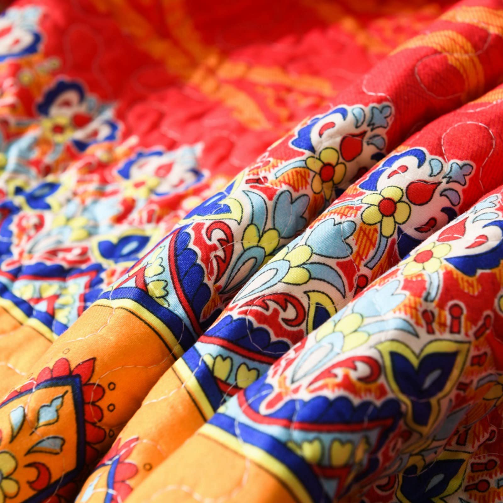 Soft Microfiber Reversible Bohemian Quilt Throw Blanket - Red Blue Striped Boho Design for Twin Bed & Couch - 50