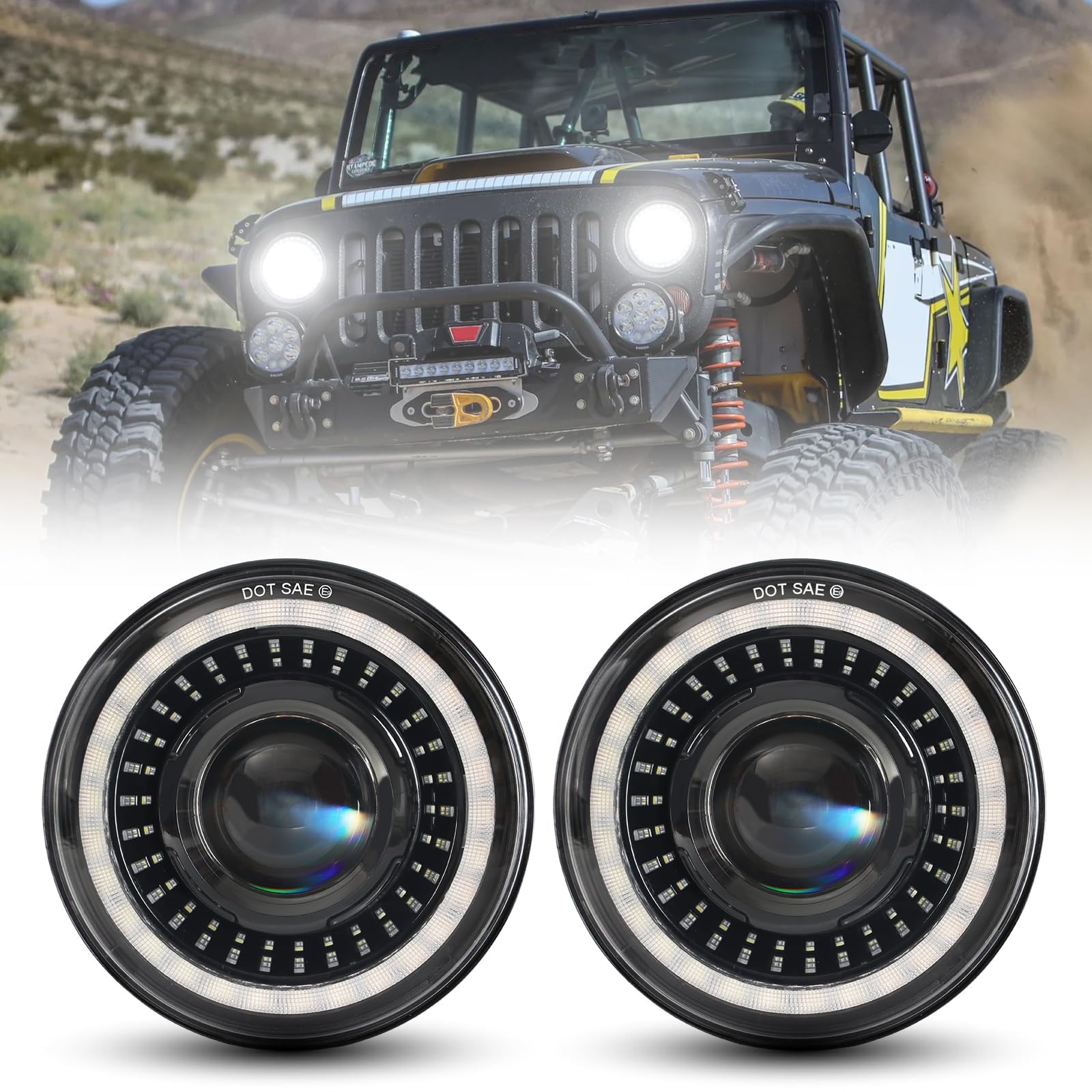 7 Inch LED Headlights for Jeep Wrangler JK JKU TJ CJ - DRL Start-up Gradient Welcome Halo, High/Low Beam with Turn Signal (H6024) - Perfect for Off-Roading & Night Driving
