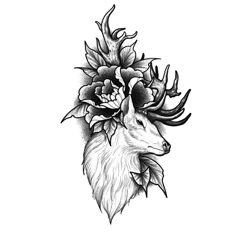 7 Sheets 3D Temporary Tattoo Stickers - Realistic Fake Tattoos for Women, Men & Kids | Waterproof, Long Lasting Body Art (Deer, Flower Designs) 14.8x21cm | Perfect for Parties, Halloween, Cosplay & Summer Beach Looks
