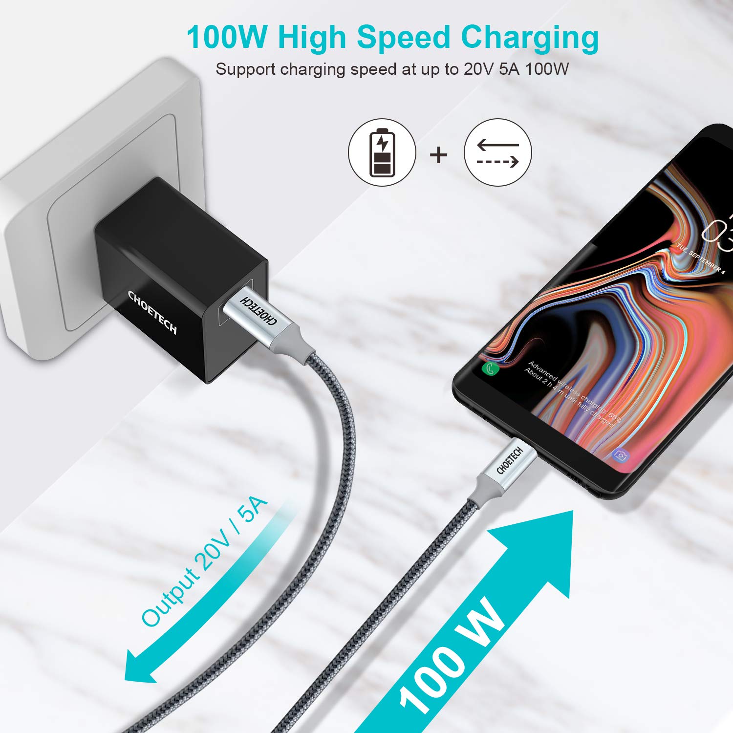 Choetech 100W USB C Fast Charging Cable 6.6ft - High Speed USB-C to USB-C Cable for MacBook Pro, iPad, iPhone 15, Samsung Galaxy - Perfect for Home, Office & Travel Charging