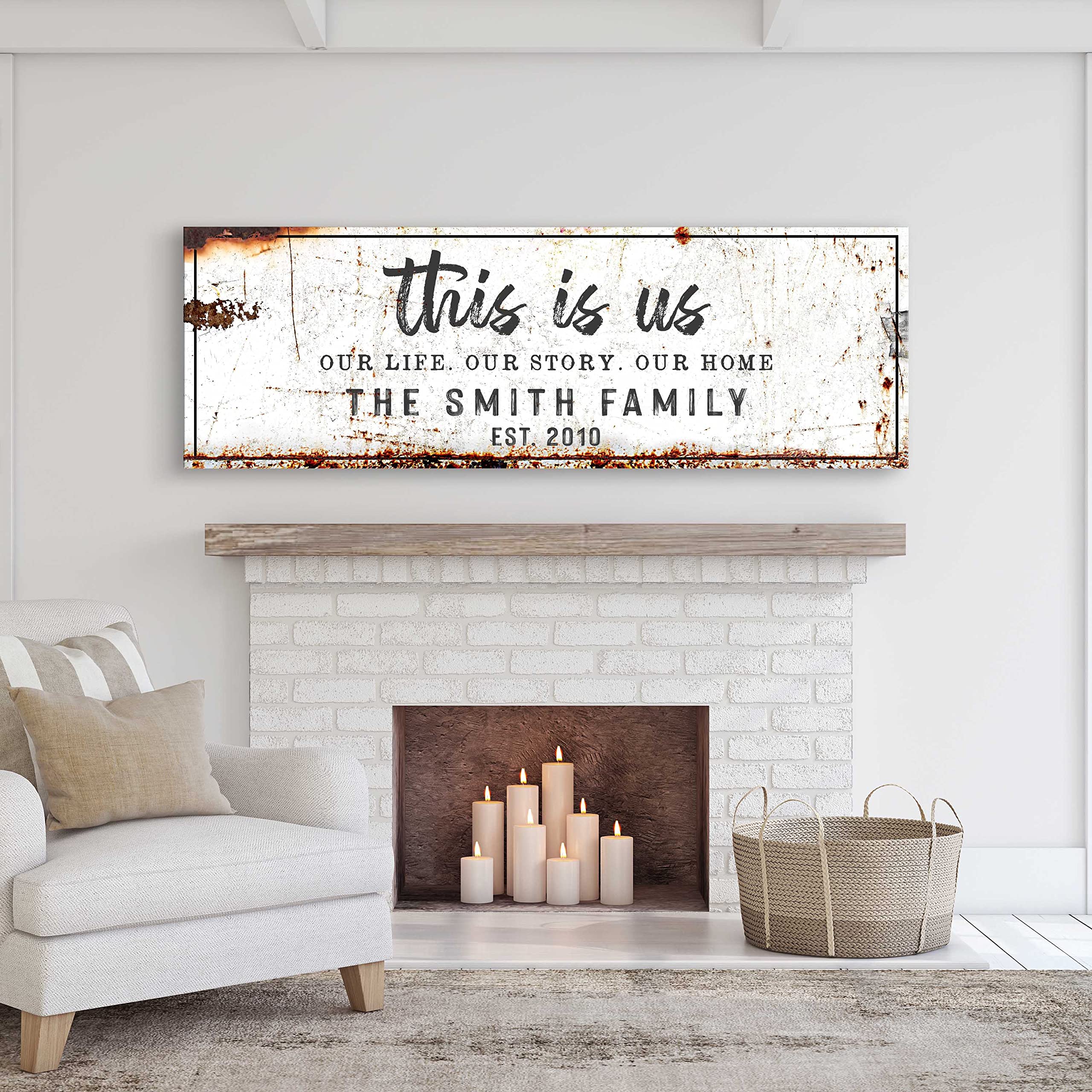 Personalized 'This is Us' Family Name Sign - Custom Canvas Wall Art for Living Room, Fireplace & Home Decor | Rustic Black or White | Perfect for Housewarming Gifts & Family Photo Displays