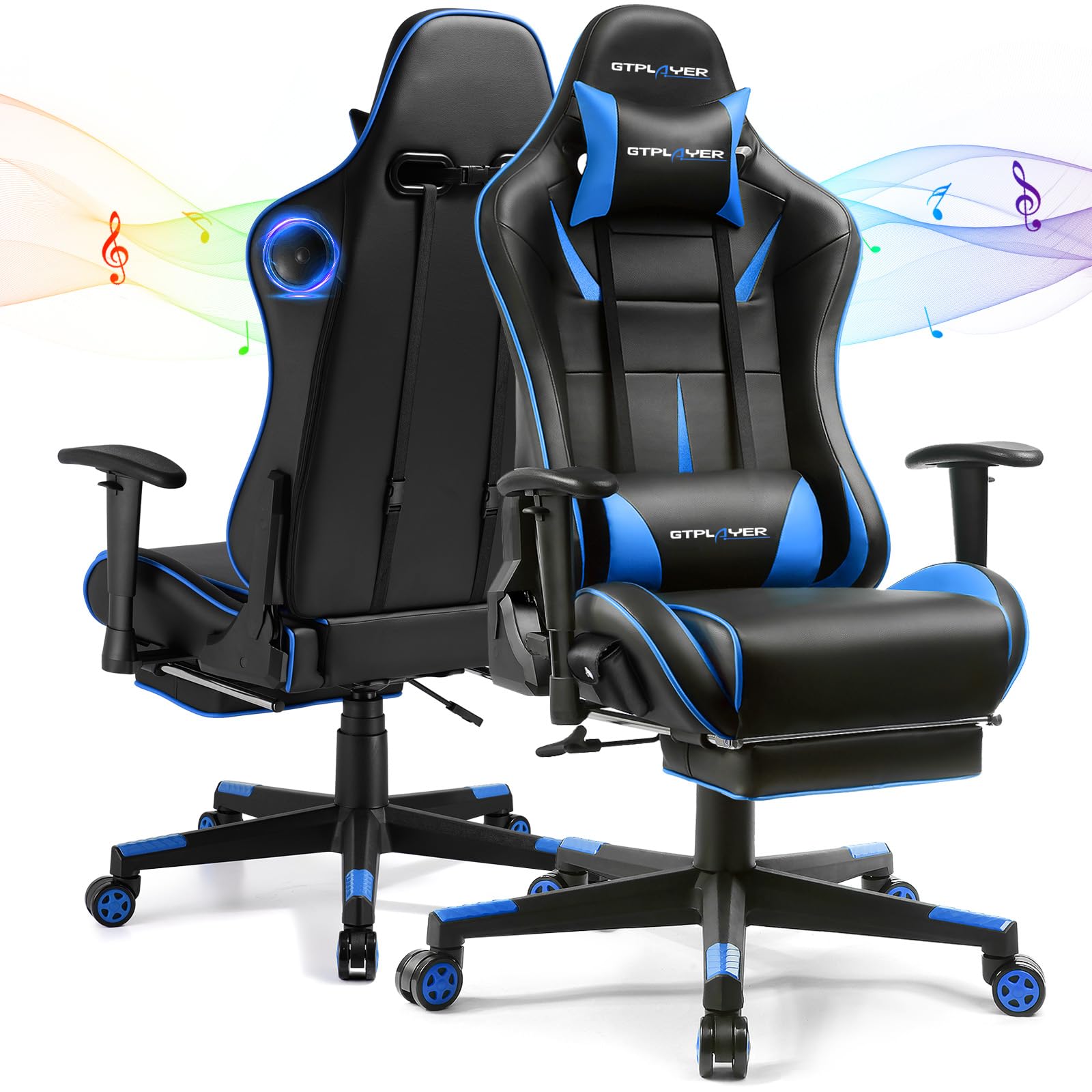 GTPLAYER Bluetooth Gaming Chair with Built-in Speakers - Ergonomic Reclining Video Game Chair for Adults & Kids - Adjustable Height, Lumbar Support & Footrest - Perfect for PC Gaming, Console Gaming & Home Office (Blue)