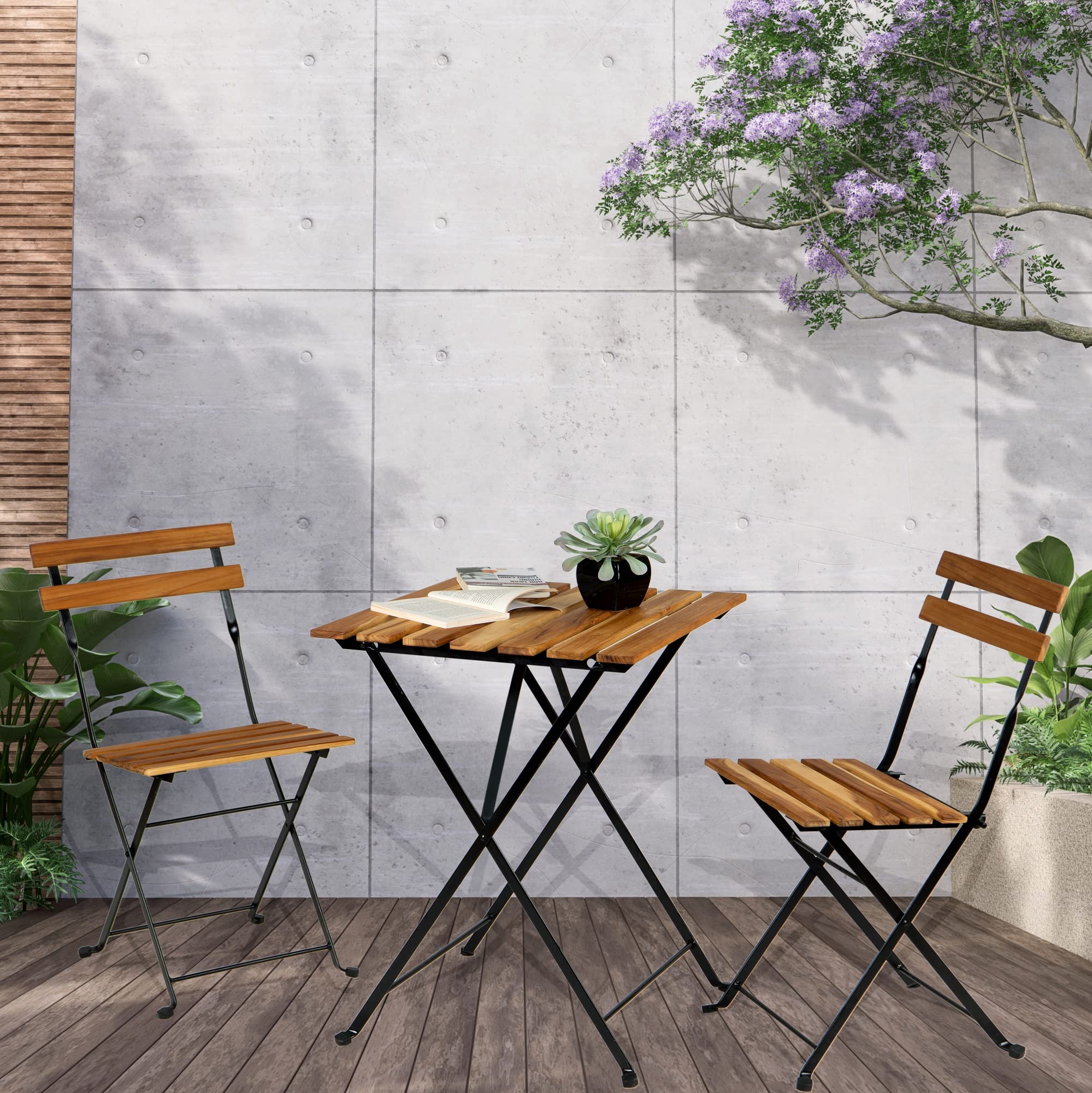 Wooden Patio Folding Bistro Set - 1 Table & 2 Chairs with Navy Blue Cushions - Outdoor Dining Furniture for Backyard, Garden, Deck & Balcony