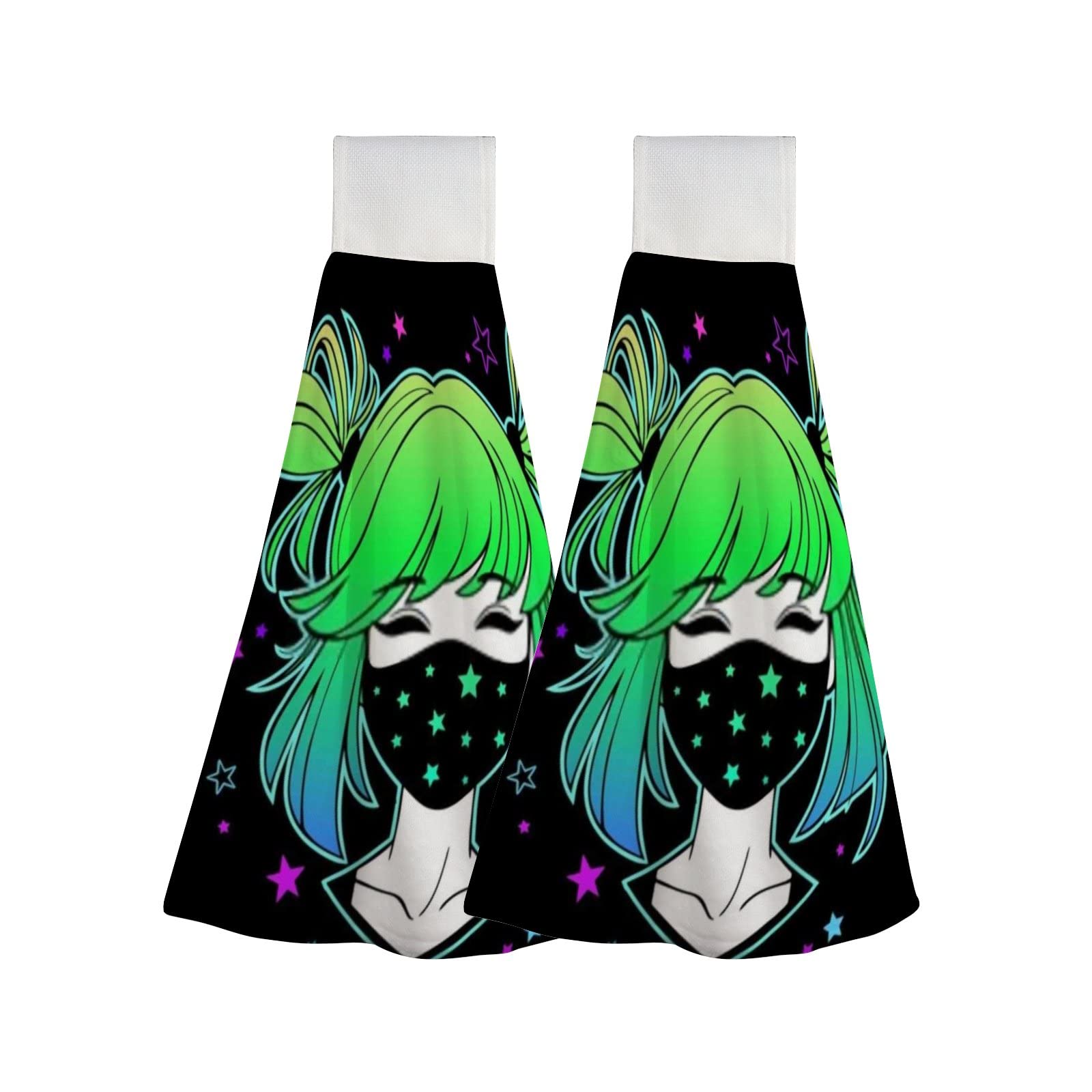 Cute Cartoon Green Hair Girl Kitchen Hanging Hand Towels - Super Absorbent, Soft Bathroom Towel with Loop for Easy Hanging - Machine Washable (1 Pack) - Perfect for Kitchen, Bathroom, and Home Decor