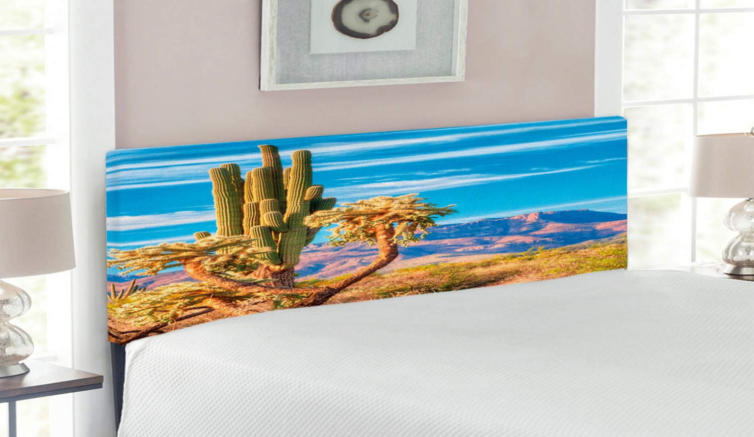 Ambesonne Queen Size Upholstered Metal Bed Headboard with Memory Foam - Cactus Landscape Photo Design with Majestic Mountains & Sky - Decorative Botanical Bedroom Furniture for Modern Home Decor | Perfect for Master Bedrooms, Guest Rooms & Dormitories