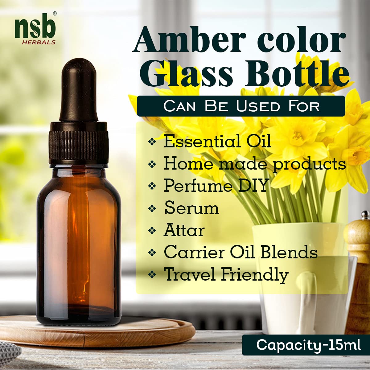NSB Herbals 15ml Amber Round Empty Glass Bottle with Glass Dropper, Black Ring & Silicone Teat - Leak Proof, Refillable & Reusable Essential Oil Bottles for Aromatherapy, Perfume DIY, Travel (Pack of 6)