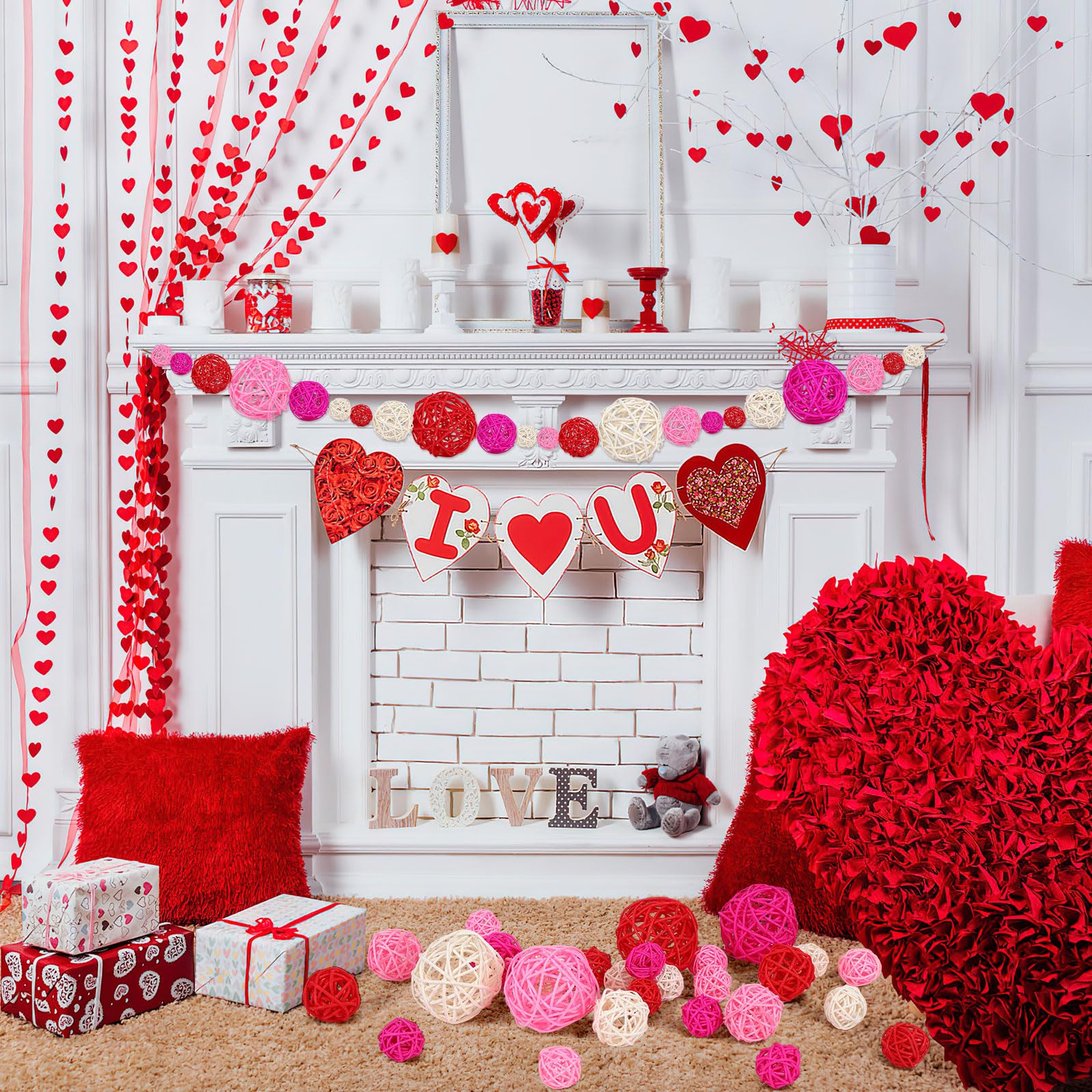 SANNIX 40 Pack Valentine's Day Decorations - 3 Sizes Rattan Wicker Balls for Home Decor, Party Ornaments, Baby Shower, Table Centerpieces, Vase Fillers (Red, Pink, White) - Perfect for Wedding, Christmas, and Seasonal Home Styling