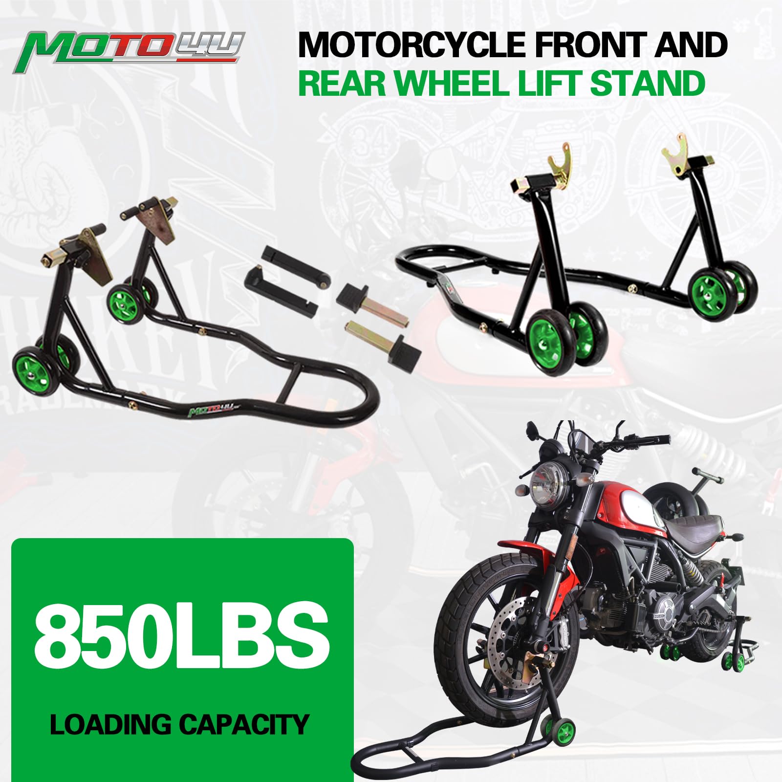 MOTO4U Universal Motorcycle Front & Rear Wheel Lift Stand Combo - Paddock Stand with Swingarm Spool for Sportbikes (Green Wheel) - Perfect for Garage Maintenance, Tire Changes & Bike Storage