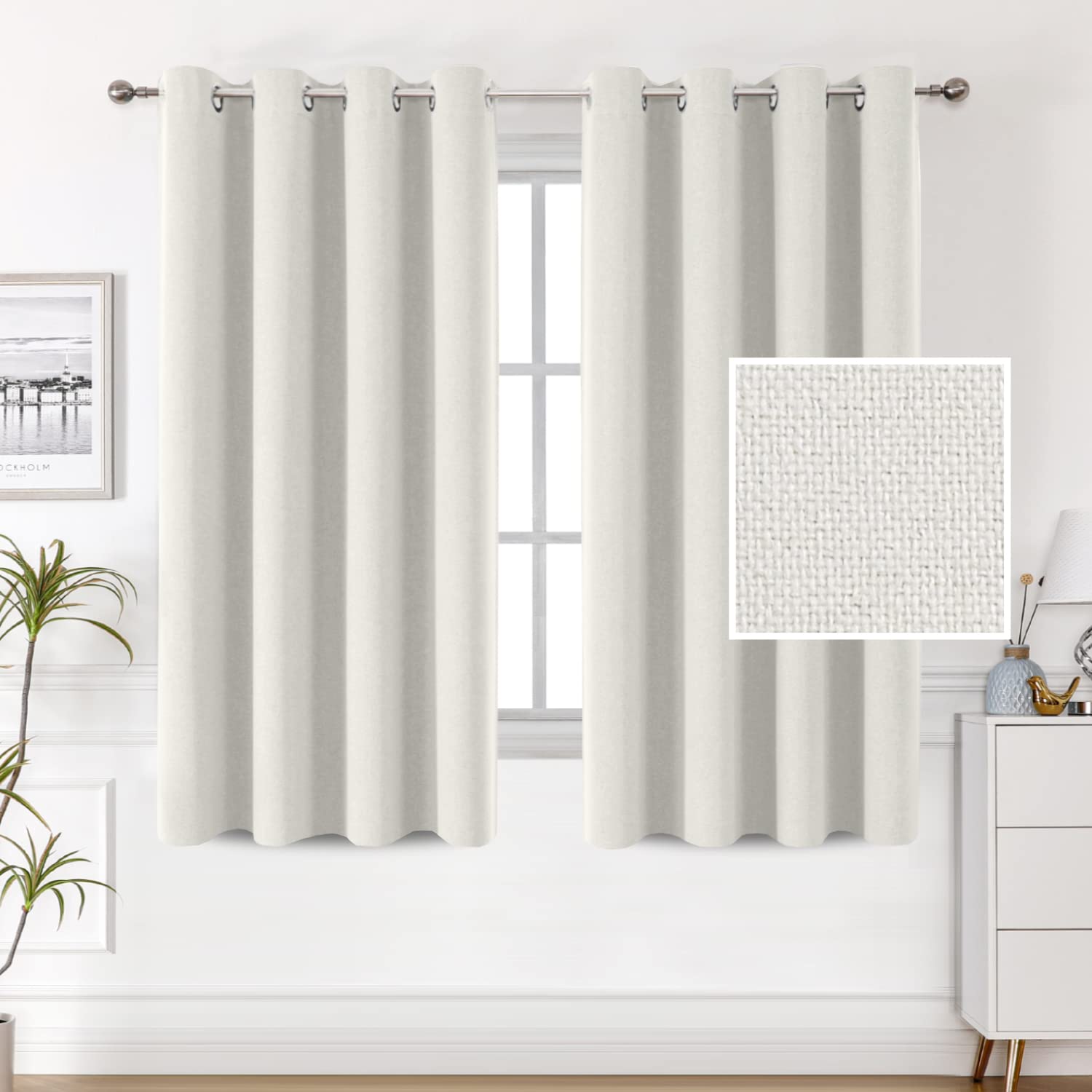 H.VERSAILTEX 100% Blackout Thermal Linen Curtains for Living Room & Bedroom - Textured Burlap Soundproof Drapes with Double Face Linen Grommet, 52 x 54 Inch, 2 Panels, Heather Off White - Perfect for Home Theater, Nursery & Light Control