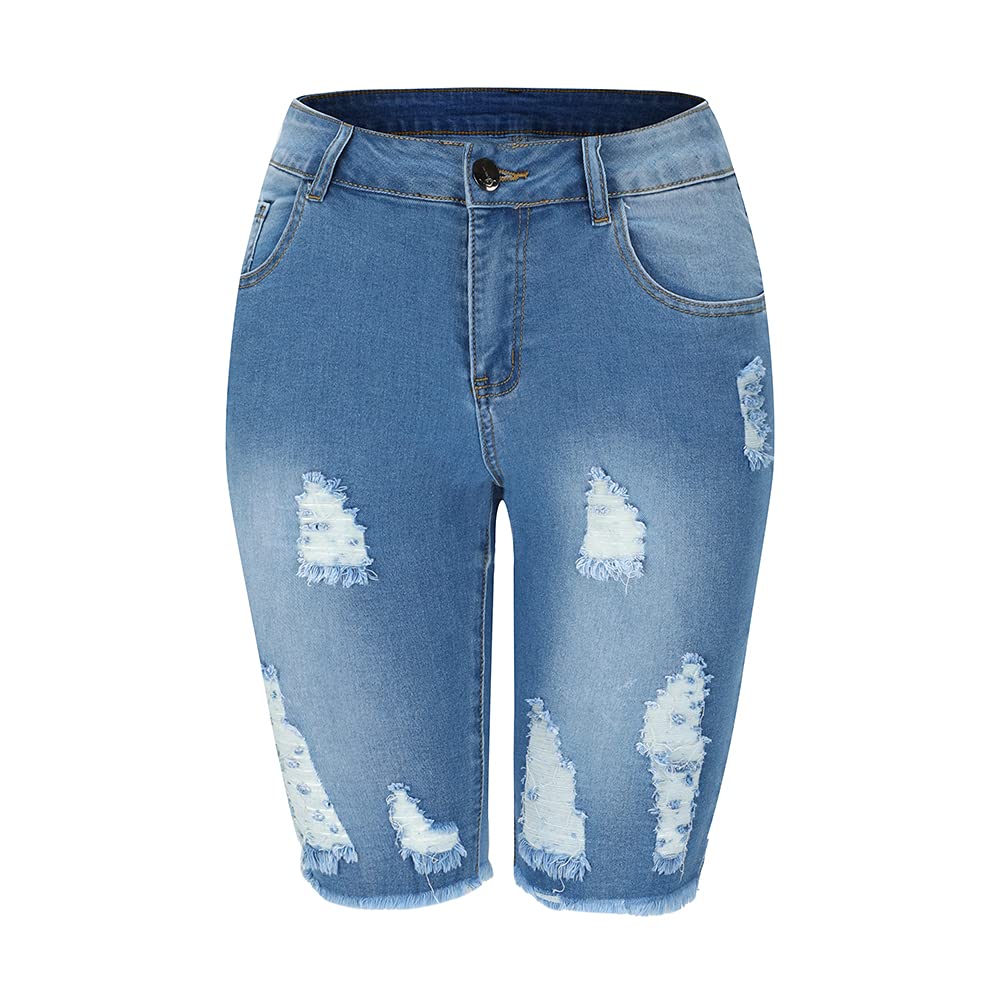 THUNDER STAR Women's Denim Bermuda Shorts - Mid Rise Distressed Jeans with Raw Hem | Casual Summer Outfit, Beach Wear & Street Style Fashion
