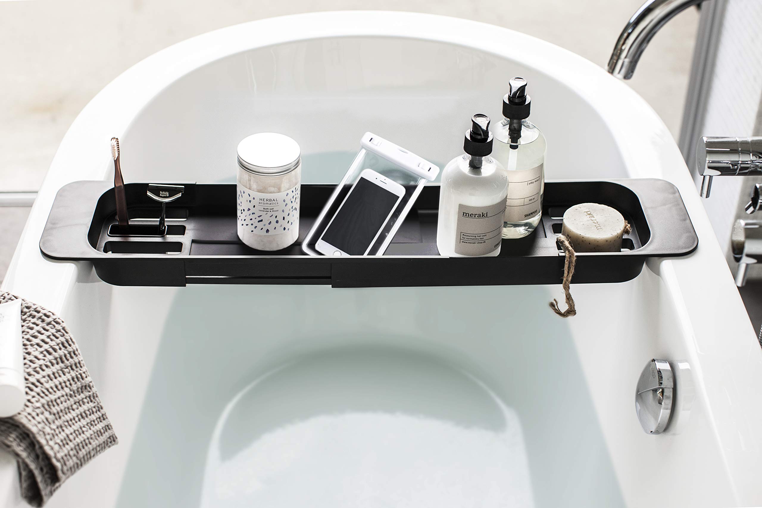 Yamazaki Home Expandable Bathtub Caddy - Bamboo Bath Tray with Adjustable Width, Book & Wine Holder for Relaxing Bath Time - Perfect for Spa Days, Reading & Self-Care Moments