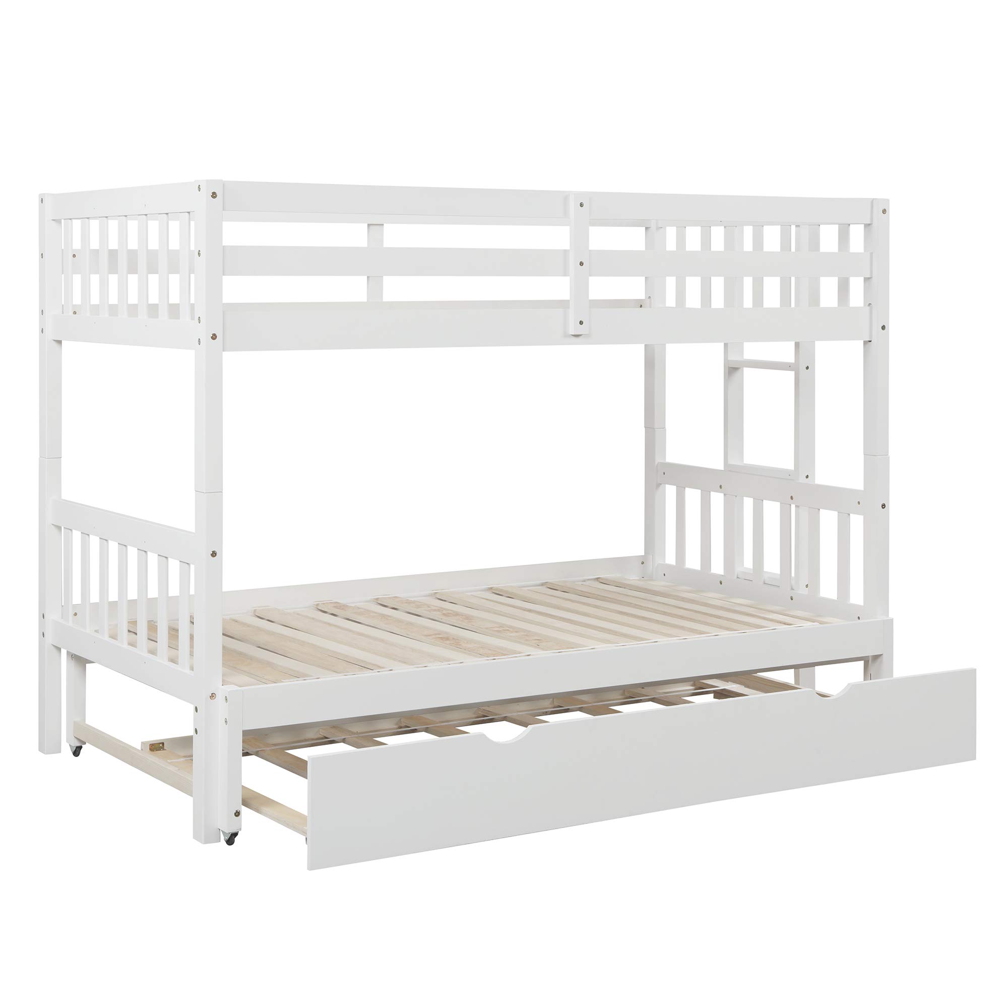 **White Twin Over Pull-Out Bunk Bed with Trundle - No Spring Box Needed, Space-Saving Floor Bunk Bed for Kids, Teens & Guest Rooms**    *(Perfect for small bedrooms, vacation homes, dormitories & shared kids' rooms – maximizes space with stylish functionality!)*