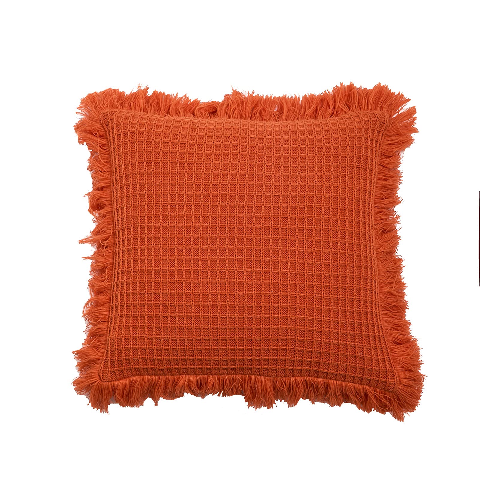 Decorative Knitted Pillow Sham with Tassels - Checkered Cushion Cover in Soft Warm Knit Pattern (Orange) - Perfect for Sofa, Bedroom Decor & Cozy Home Accessories