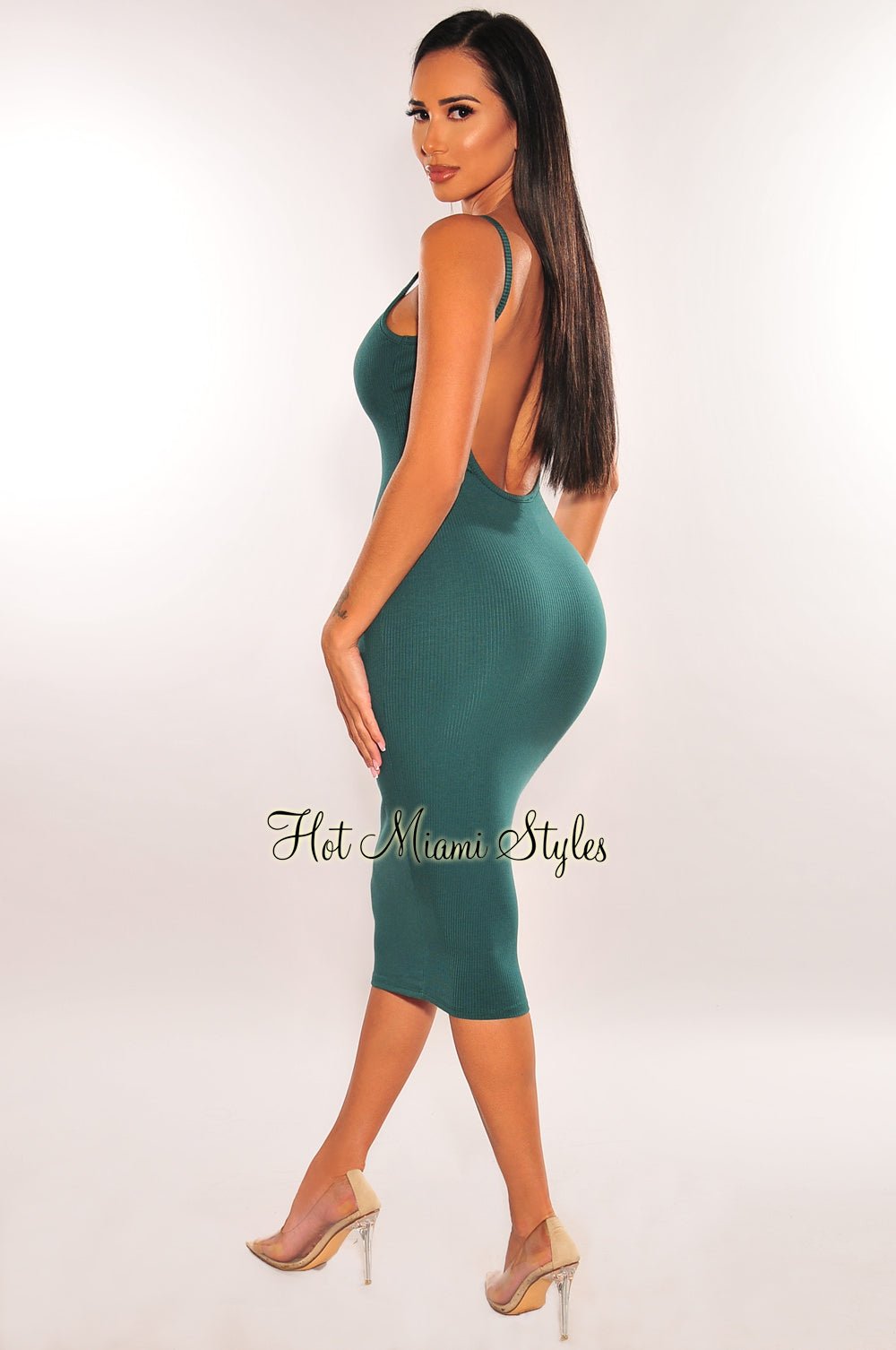 Forrest Green Ribbed Knit Spaghetti Strap Scoop Neck Midi Dress - Perfect for Summer Outfits, Beach Vacations & Date Nights