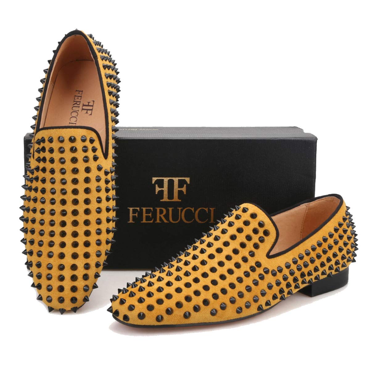 FERUCCI Men's Gold Yellow Velvet Loafers with Black Spikes & Rivets - Comfortable Slip-On Dress Shoes for Wedding, Prom, Party & Formal Occasions