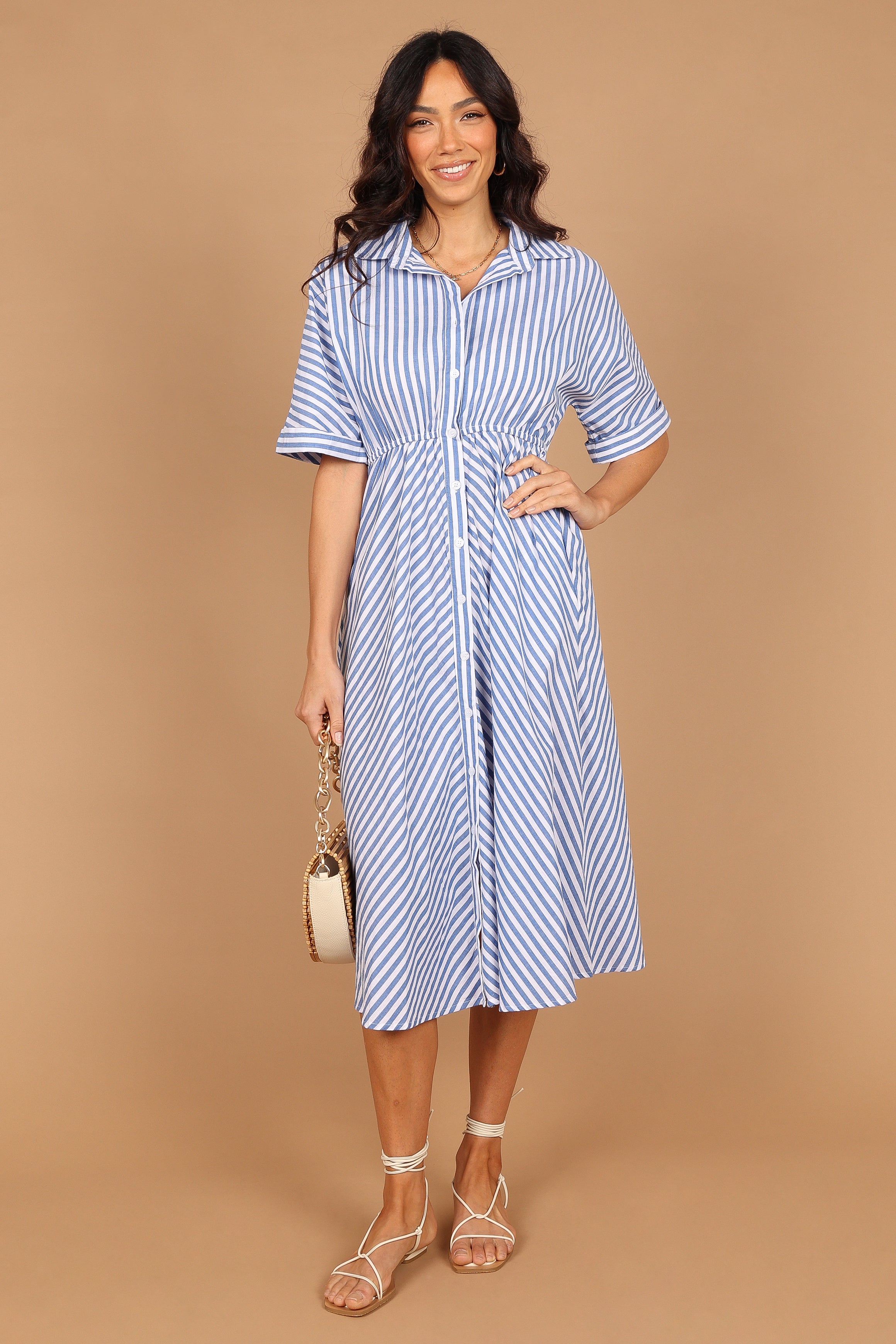 Finn Collared Midi Dress - Blue Stripe Floral Print Women's Casual Summer Dress for Office, Date Night & Outdoor Events