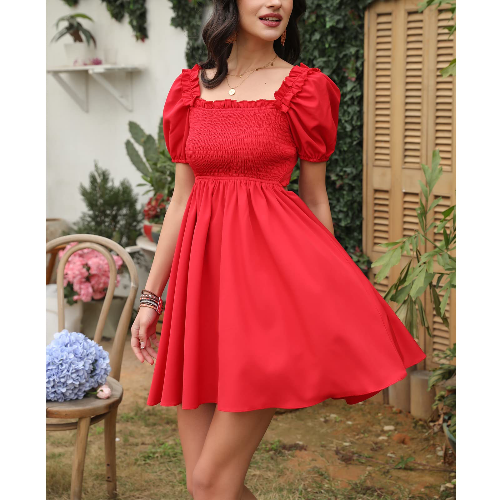 Byinns Women's Drawstring Mini Dress - Sweetheart Neckline, Smocked Bodice, Flowy Ruffled Long Sleeve Wedding Guest Dress | Perfect for Bridal Shower, Garden Party & Spring Occasions