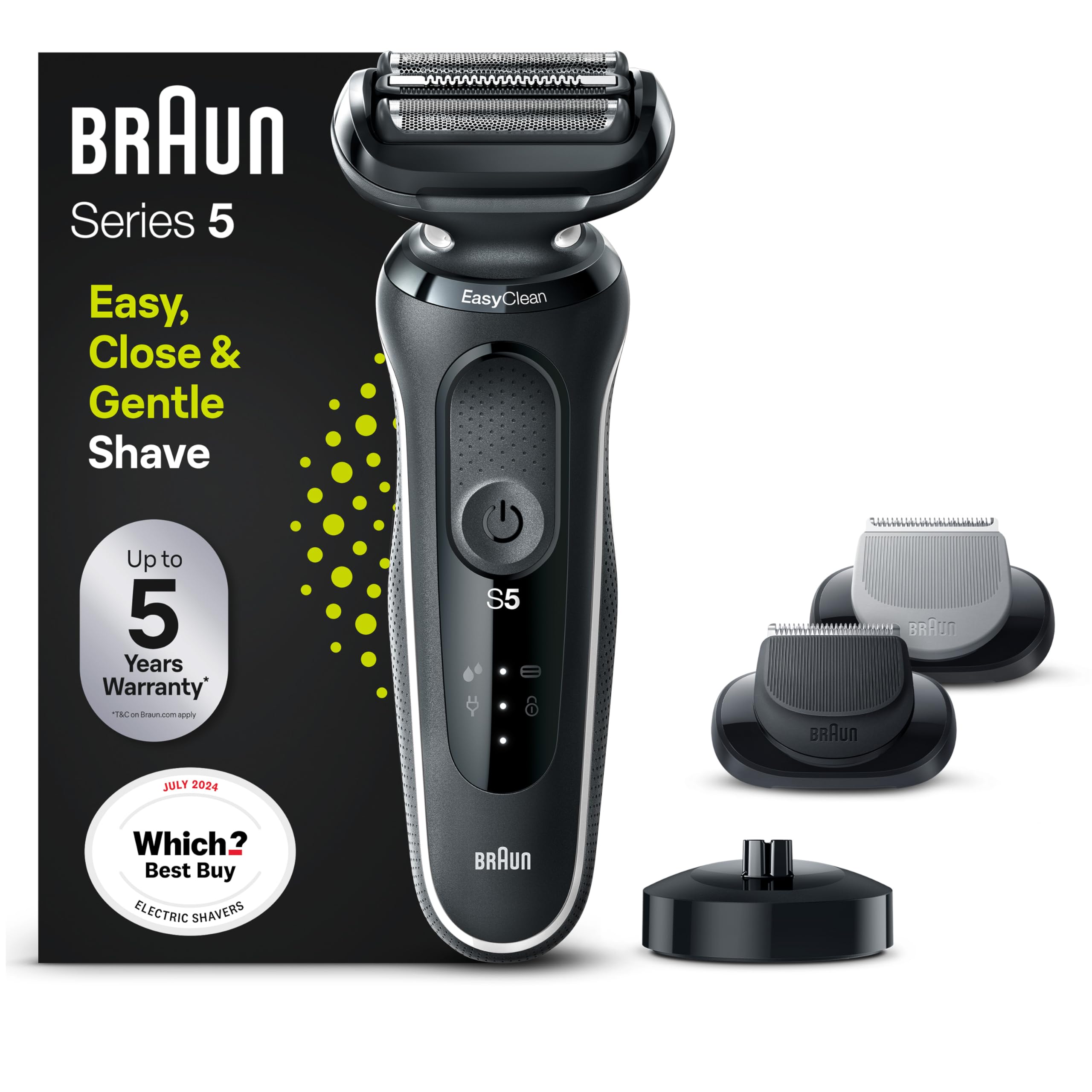 Braun Series 5 Electric Shaver for Men - Wet & Dry Waterproof Razor with Beard Trimmer, Body Groomer & Charging Stand | UK 2 Pin Plug (Model 50-W4650cs, White) | Perfect for Travel, Gym & Daily Shaving