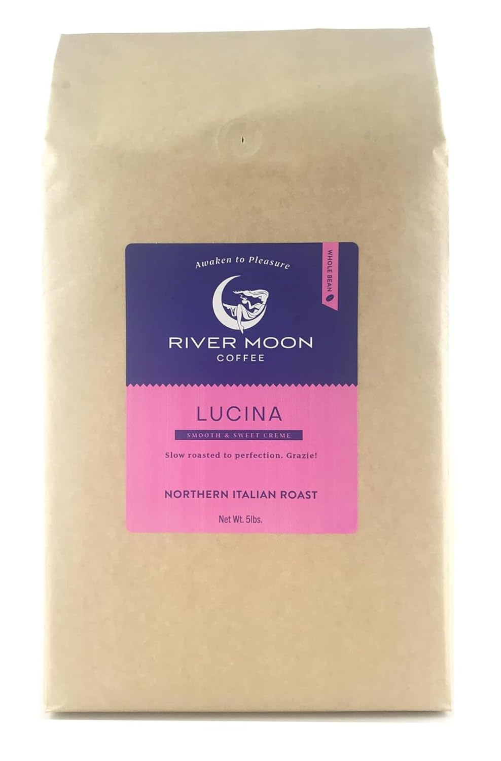 River Moon Coffee - Italian Style Medium Roast Espresso Beans, 5 lb Bag, Non-GMO, Direct Trade, 100% Arabica, Lucina Blend - Perfect for Home Brewing, Cafes & Gifts