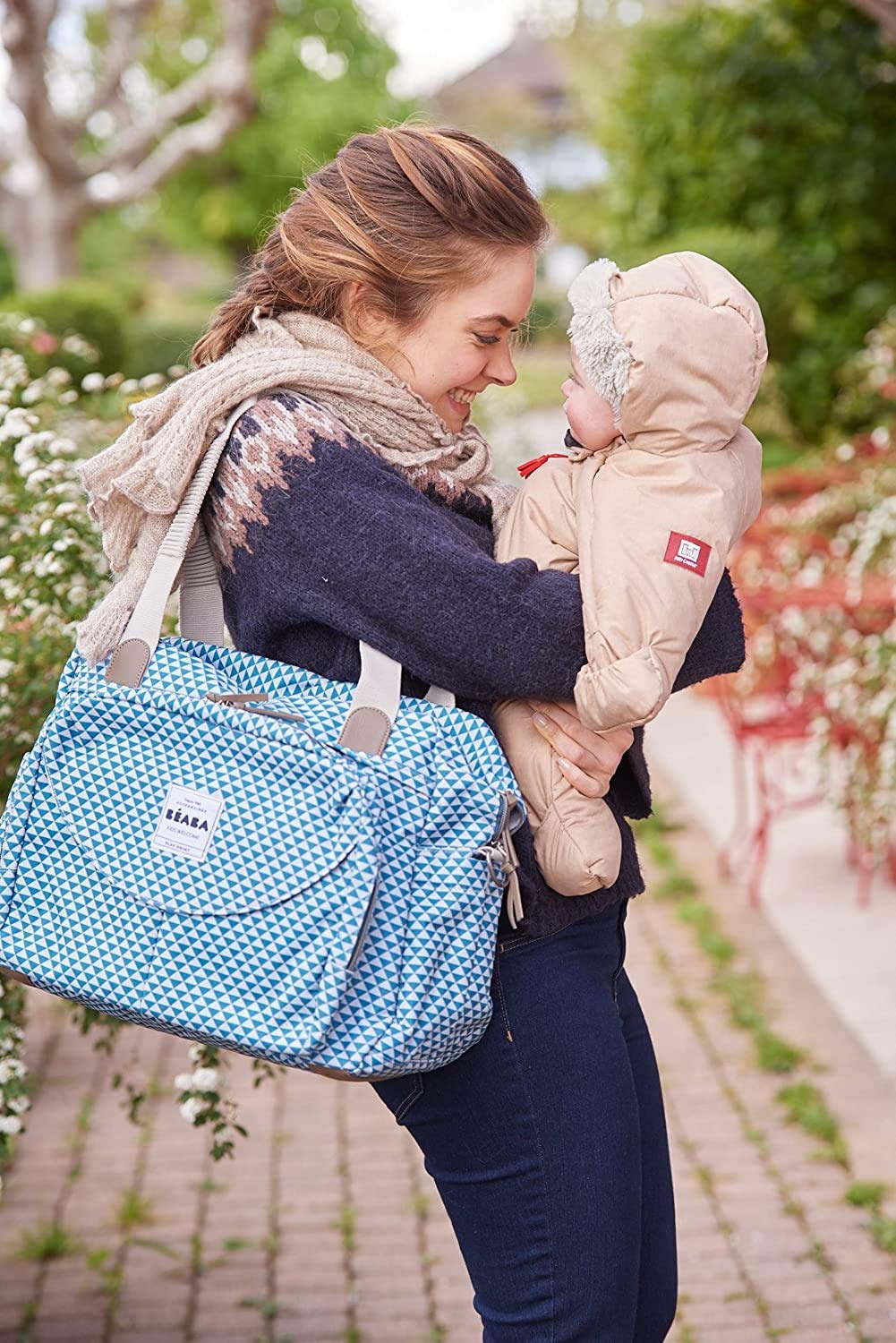 Béaba Genève II Baby Diaper Bag for Newborns & Toddlers - Large Capacity Waterproof Changing Bag with Insulated Lunch Pouch, Stroller Attachment & Changing Mat - Perfect for Travel, Daycare & Outings - Blue Floral Print