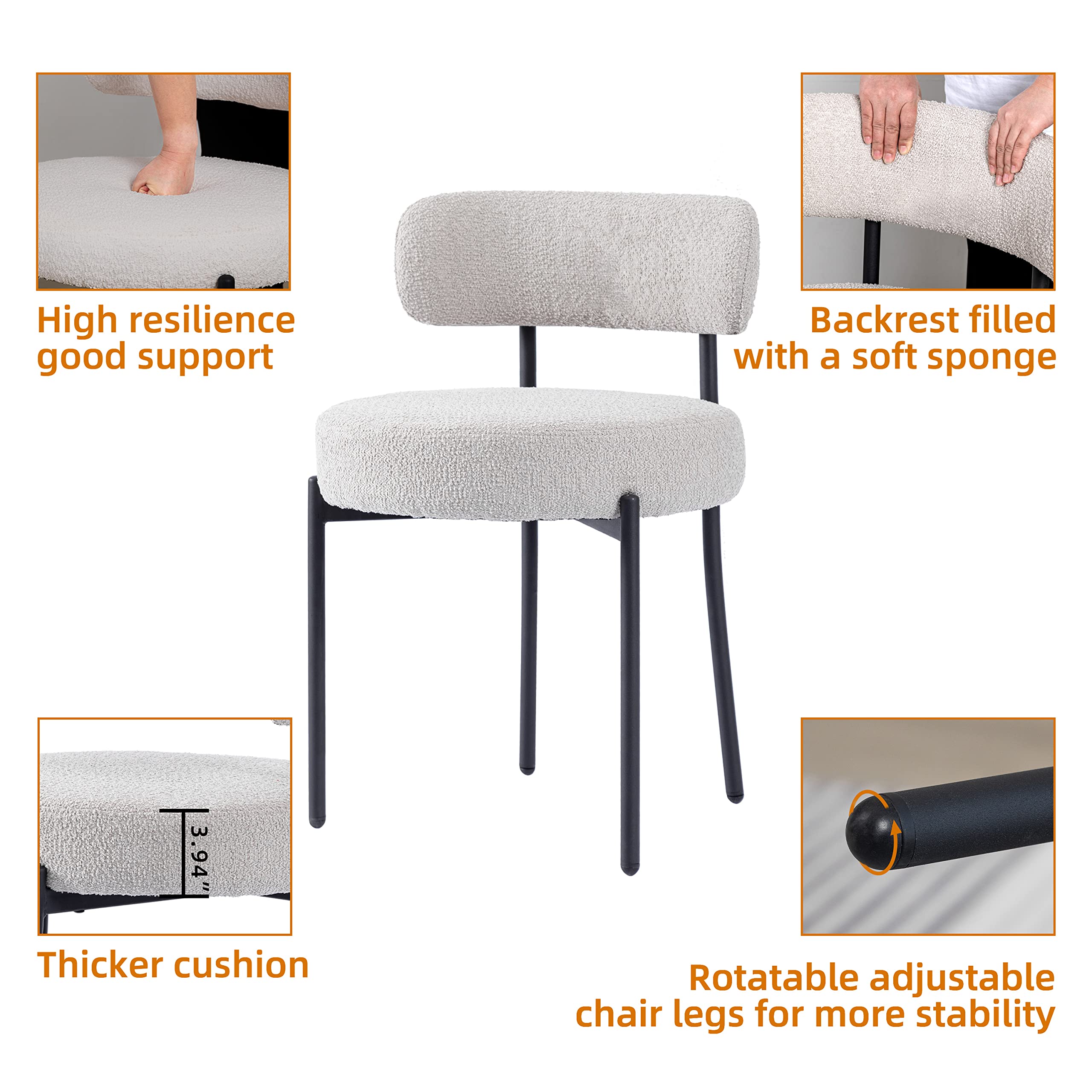 DYHOME Light Grey Dining Chairs Set of 2 - Modern Mid-Century Upholstered Kitchen Chairs with Boucle Sherpa Fabric & Black Metal Legs - Perfect for Dining Room, Kitchen, Breakfast Nook & Small Spaces