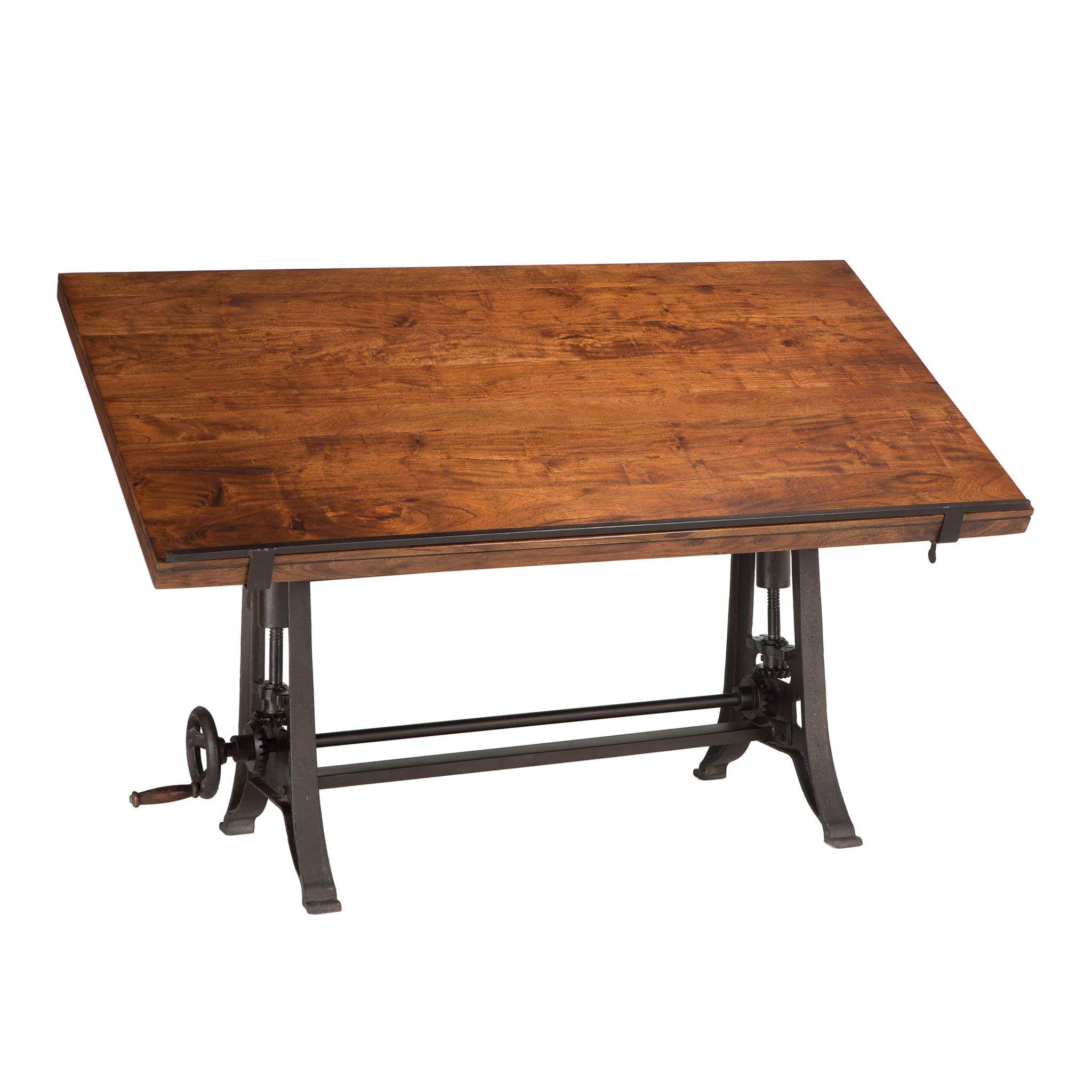 Wellington Industrial Vintage Drafting Table - Adjustable Artist Desk & Standing Desk with Reclaimed Teak Wood Top, Iron Cast Base & Tilt Function | Perfect for Home Office, Art Studio & Architectural Workspace