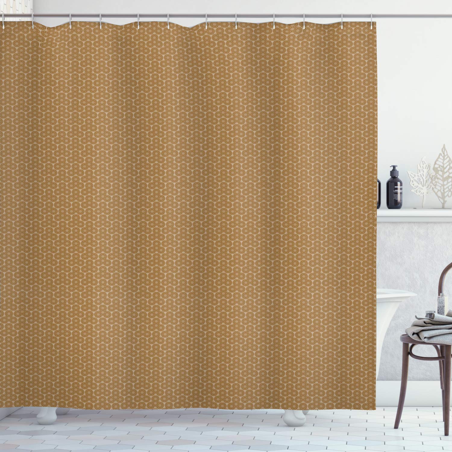 Ambesonne Abstract Geometry Shower Curtain - Japanese Inspired Antique Shapes with Connected Streaks, 69x75 Inch Fabric Bathroom Decor Set with Hooks in Caramel & White - Perfect for Modern Bathrooms & Spa-Like Retreats