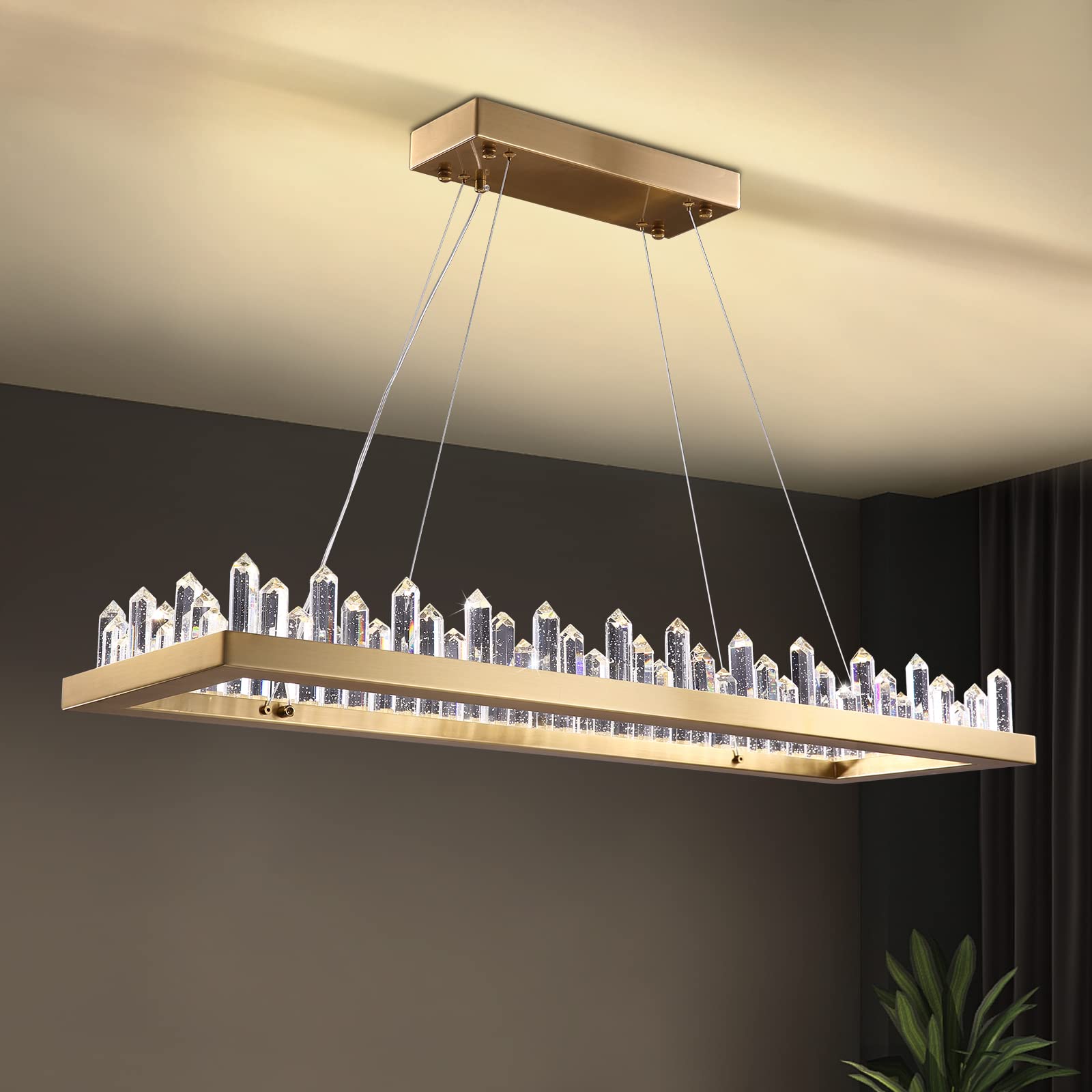 Modern Rectangle Crystal Chandelier - 3-Color Changing LED Pendant Light Fixture for Dining Room, Kitchen Island & Table Lighting | Luxury Home Decor | 31.5