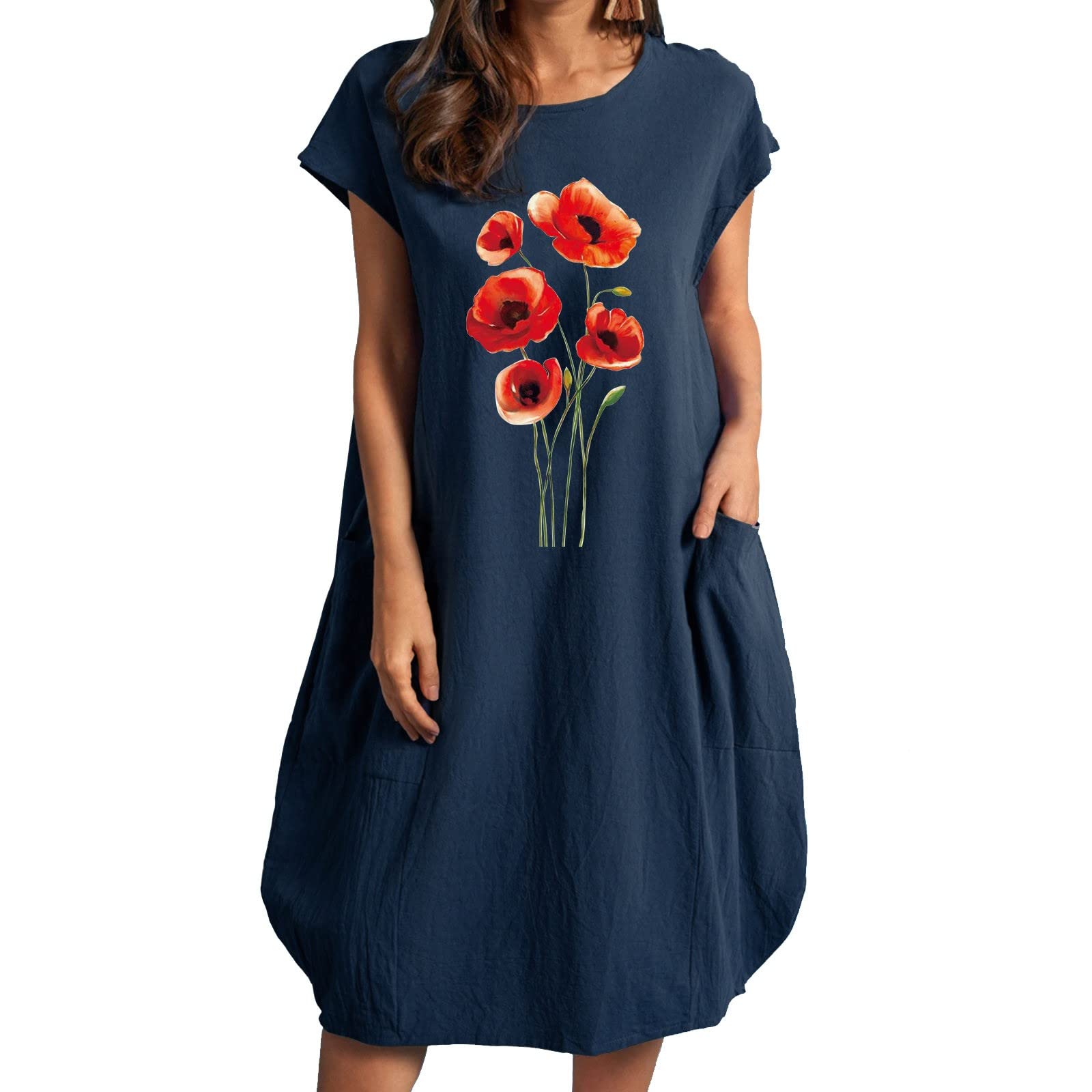 Women's Summer Wedding Guest Dress - Floral Rose Print Loose Fit Short Sleeve Round Neck Casual Dress for Bridal Shower, Garden Party & Summer Events