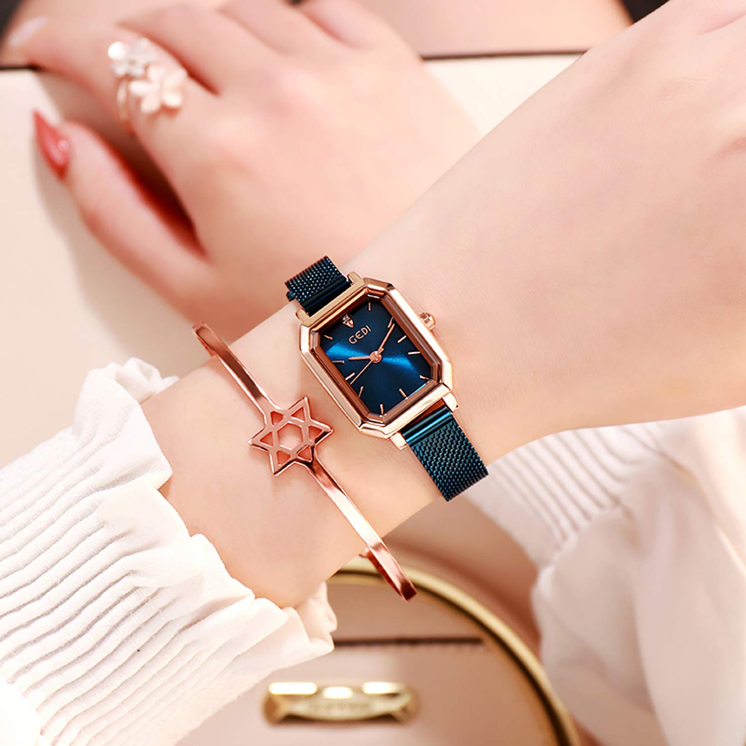 RORIOS Women's Minimalist Quartz Watch - Square Dial, Stainless Steel Mesh Strap for Casual & Office Wear