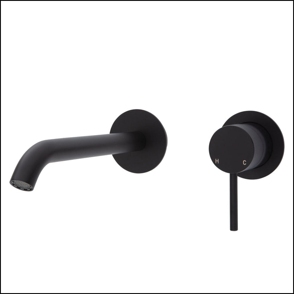 FIENZA Kaya Wall Mounted Basin and Bath Mixer Set - Matte Black Finish, Round Plates, 200mm Outlet (Model 228104B 200) - Perfect for Modern Bathrooms and Spa-Like Showers