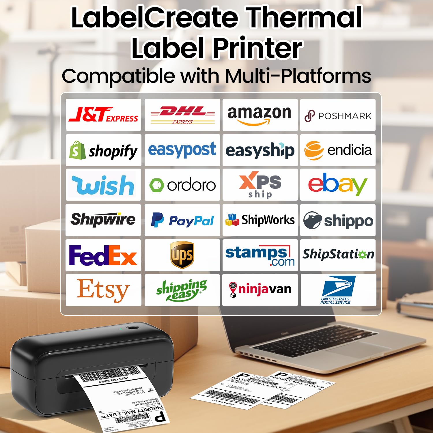 LabelCreate 4x6 Wireless Thermal Shipping Label Printer for Home & Small Business - Compatible with iPhone, Android, Mac, Windows, UPS & Colissimo - Perfect for E-commerce, Amazon FBA & Package Shipping